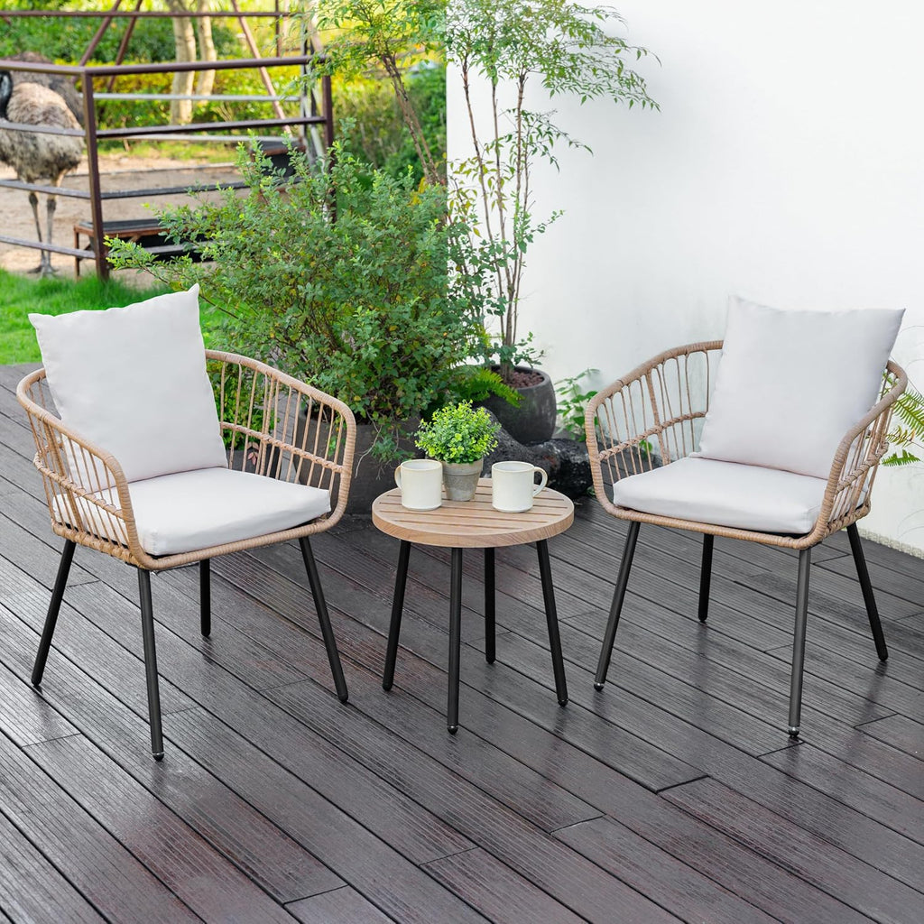 NUU GARDEN 3-Piece Patio Bistro Set, All-Weather Wicker Rattan Outdoor Table and 2 Chairs with Cushions for Porch, Backyard, Poolside, Deck, Beige