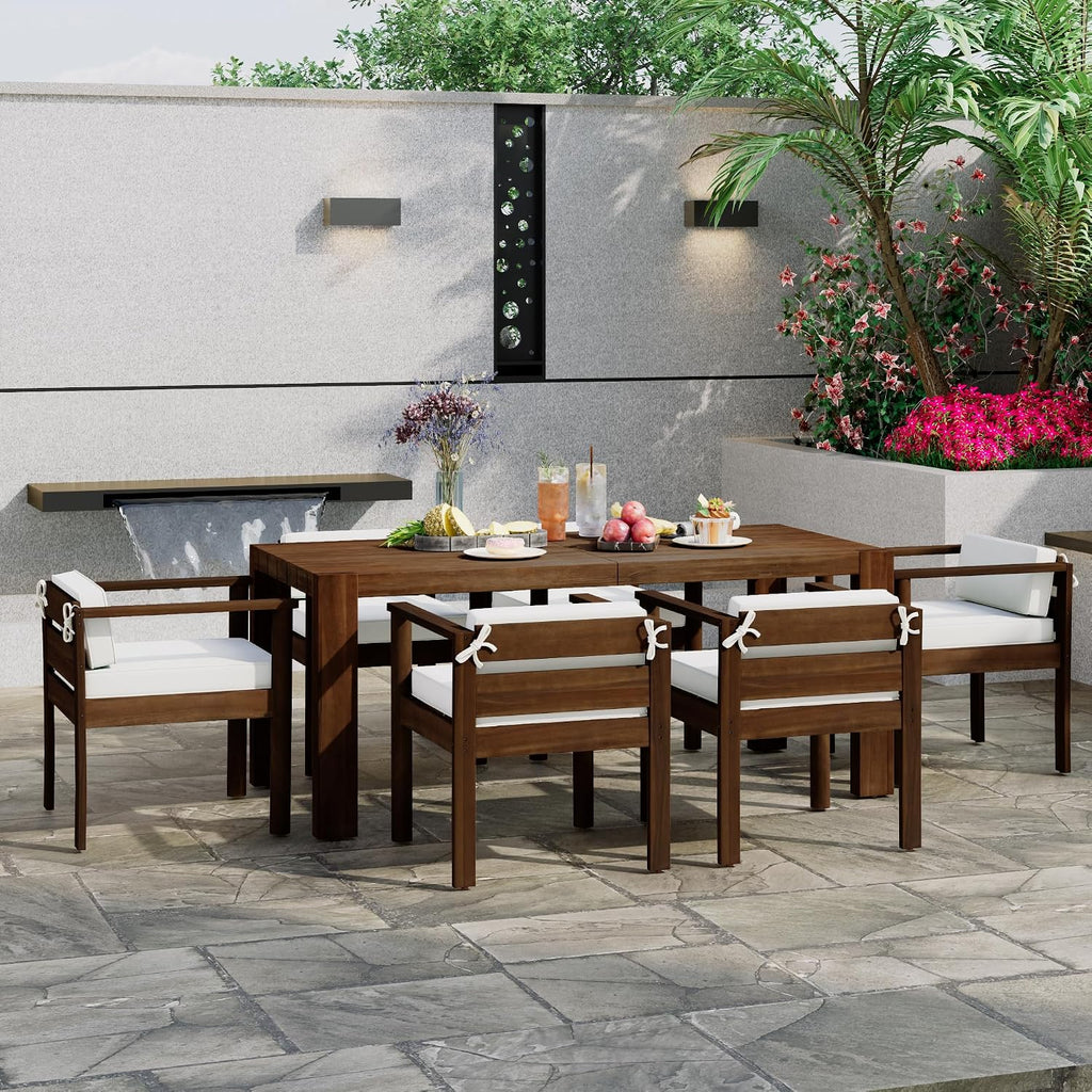 Merax 7-Piece Patio Dining Table Set,Outdoor Furniture Set with 72.8' Rectangle Table & 6 Chairs,Adjustable Leveling Feet,Umbrella Hole for Backyard,Garden,Poolside,Brown+ Beige