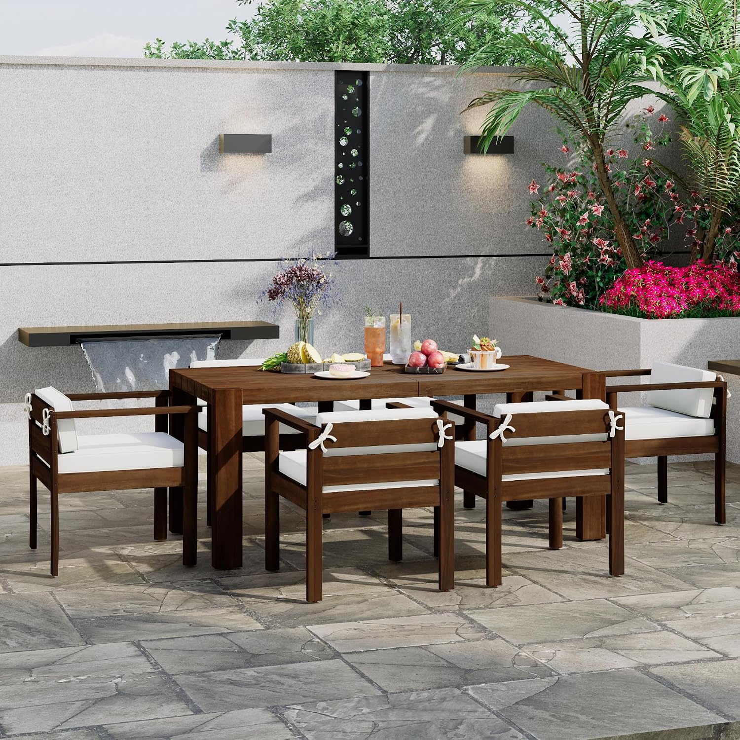 Merax 7-Piece Patio Dining Table Set,Outdoor Furniture Set with 72.8' Rectangle Table & 6 Chairs,Adjustable Leveling Feet,Umbrella Hole for Backyard,Garden,Poolside,Brown+ Beige