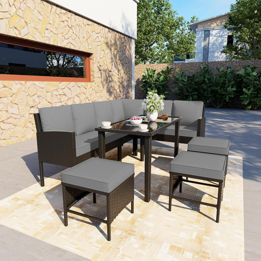 7-Piece Patio Furniture Set, Outdoor Conversation Set with Dining Table & Ottomans, PE Rattan Sofa Set with Throw Pillows and Cushions for Deck Yard Poolside, Gray