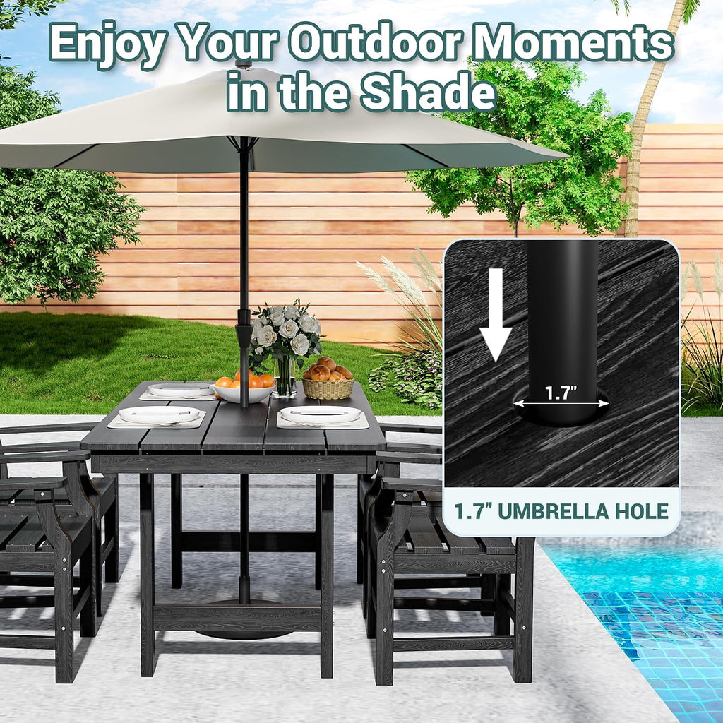 Pamapic 5-Piece Outdoor Dining Set, HDPE Outdoor Rectangular Table and 4 Chairs, Wood Grain Patio Furniture Sets with Armrest, All-Weather Patio Dining Table with Umbrella Hole, Black