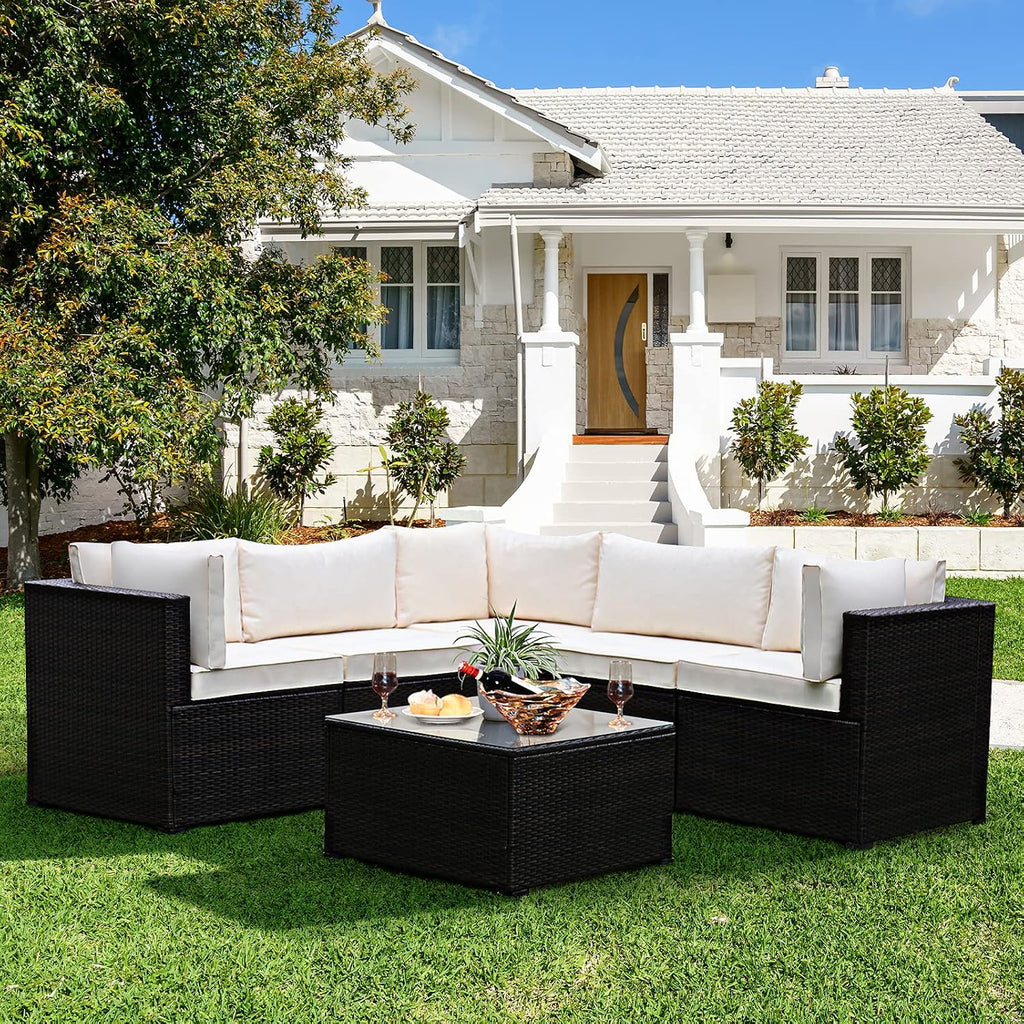 Tangkula 6 Pieces Patio Furniture Set, Outdoor Rattan Sofa Set, Wicker Conversation Set w/Tempered Glass Coffee Table & Cushions, Sectional Sofa Set for Backyard, Garden, Balcony, Poolside (Beige)