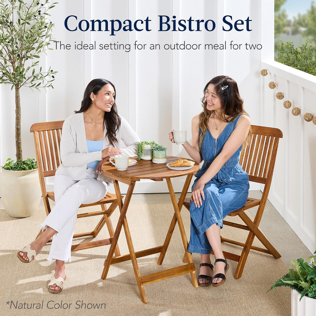 Best Choice Products 3-Piece Acacia Wood Bistro Set, Folding Patio Furniture for Backyard, Balcony, Deck w/ 2 Chairs, Round Coffee Table, Teak Finish - Olive