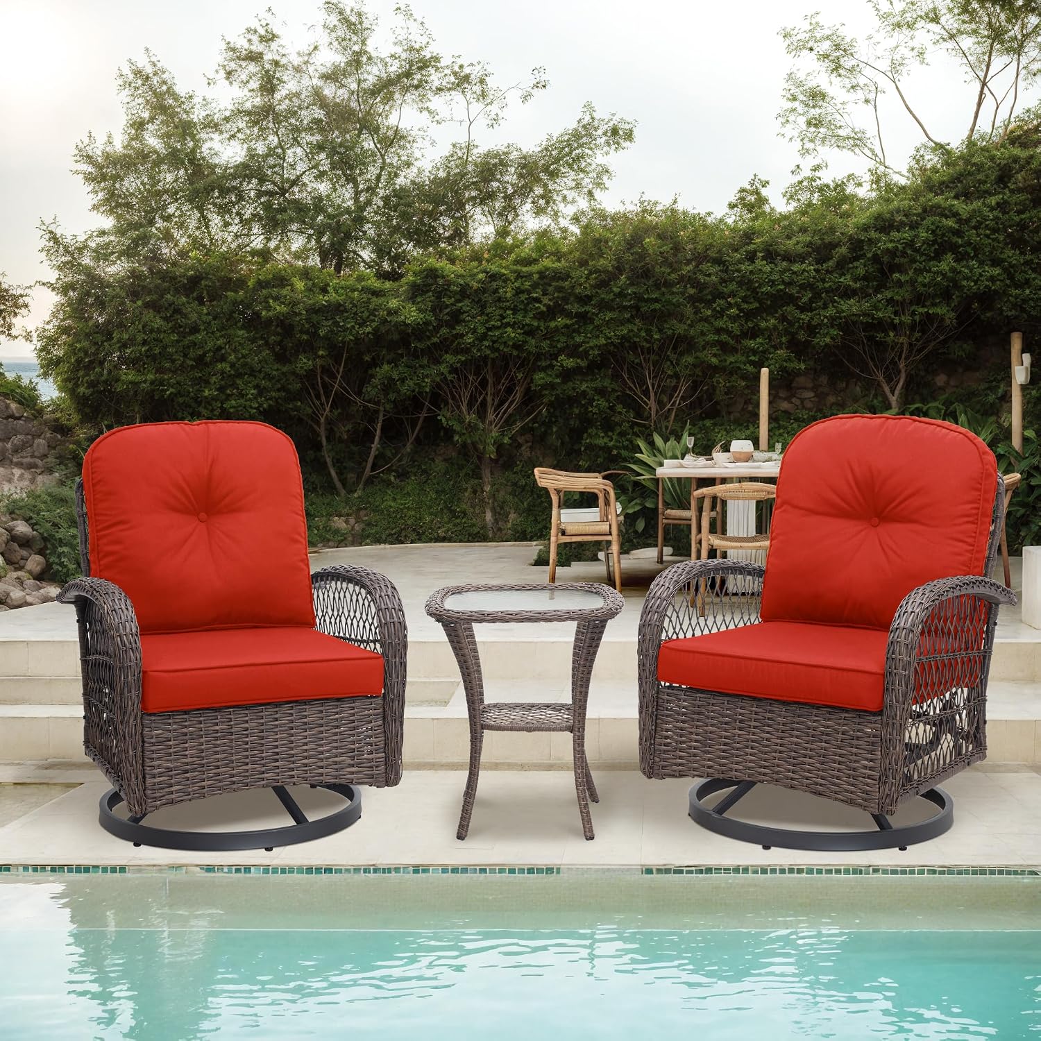 Allewie Patio Furniture Set, 3 Piece Wicker Patio Bistro Set Swivel Rocking Chairs Set of 2 with Coffee Table Outdoor Rattan Conversation Chairs for Porch Backyard Poolside, Red