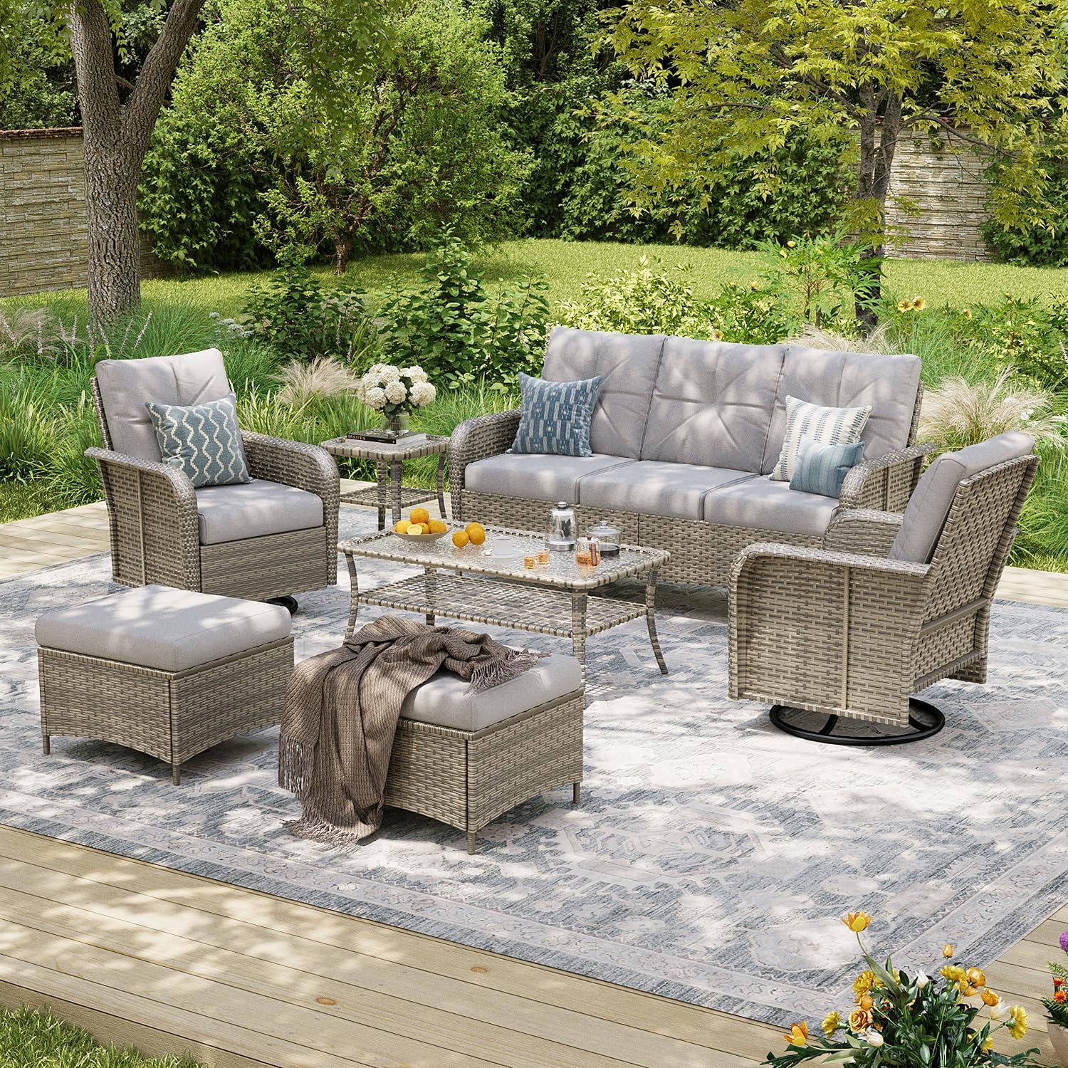 Aoxun Luxury 9-Piece Patio Furniture Set, 360° Swivel Chairs, Wicker Rattan Sofa with Thick Cushion, Outdoor Conversation Set for Backyard, Poolside & Garden, Beige/Gray