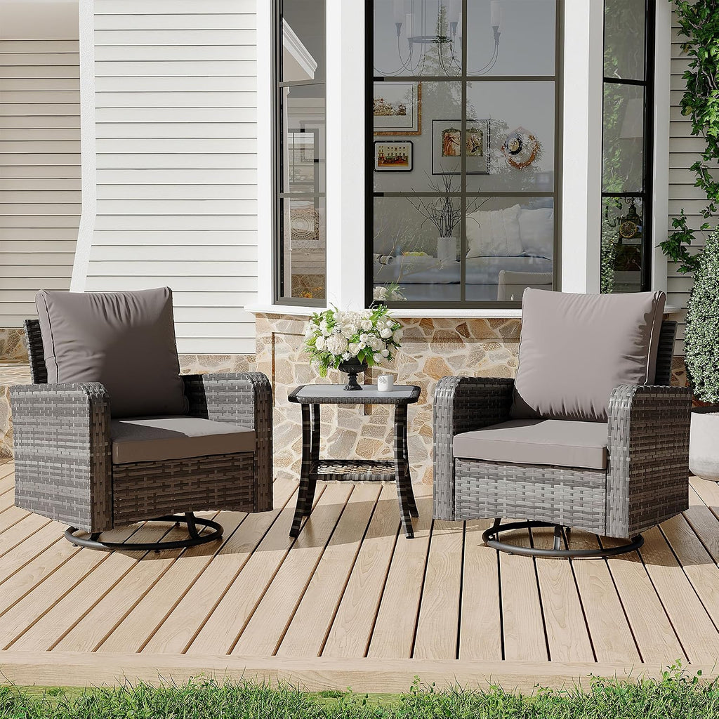 HOMREST 3 Piece Swivel Patio Chairs Wicker Set - All Weather Outdoor Patio Bistro Set with Side Table, Small Patio Furniture Set for Balcony Porch Deck Backyard, Grey