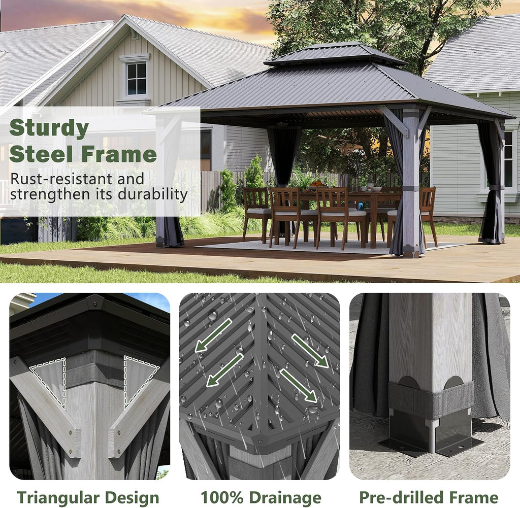 12'x14' Hardtop Wood Gazebo, Outdoor Double Roof Galvanized Steel Top Gazebo with Wooden Post, Curtains & Netting for Backyard, Patio, Deck (12x14 FT)