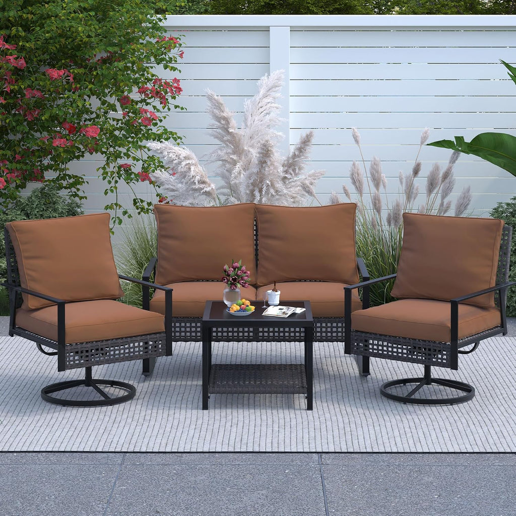 Ainfox Patio Furniture Set 4 Pieces, Patio Wicker Rattan Swivel Rocker, Outdoor Swivel Rocking Chairs Set with Loveseat, Garden Conversation Bistro Sets for Porch, Pool, Backyard Brown