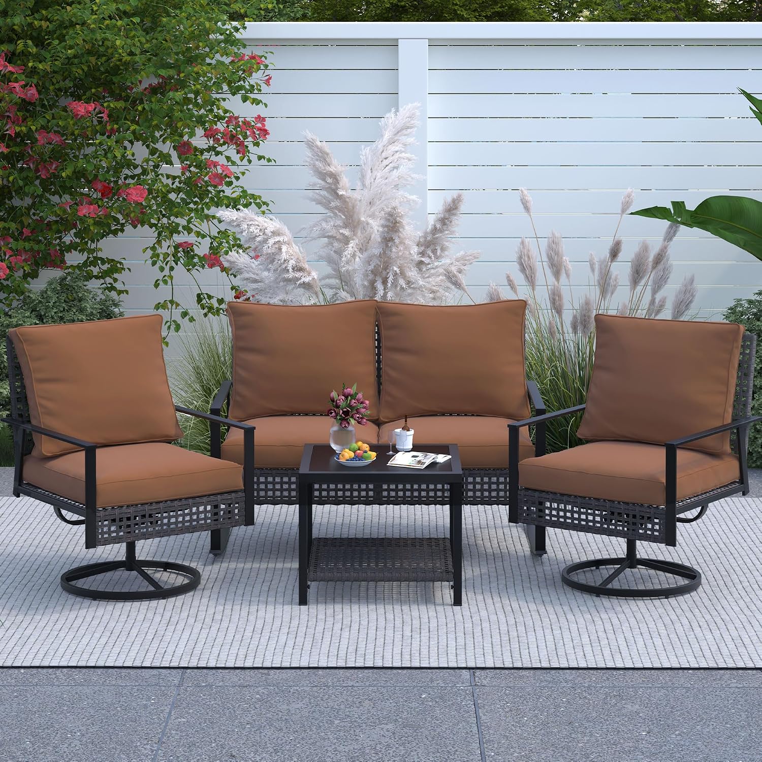 Ainfox Patio Furniture Set 4 Pieces, Patio Wicker Rattan Swivel Rocker, Outdoor Swivel Rocking Chairs Set with Loveseat, Garden Conversation Bistro Sets for Porch, Pool, Backyard Brown