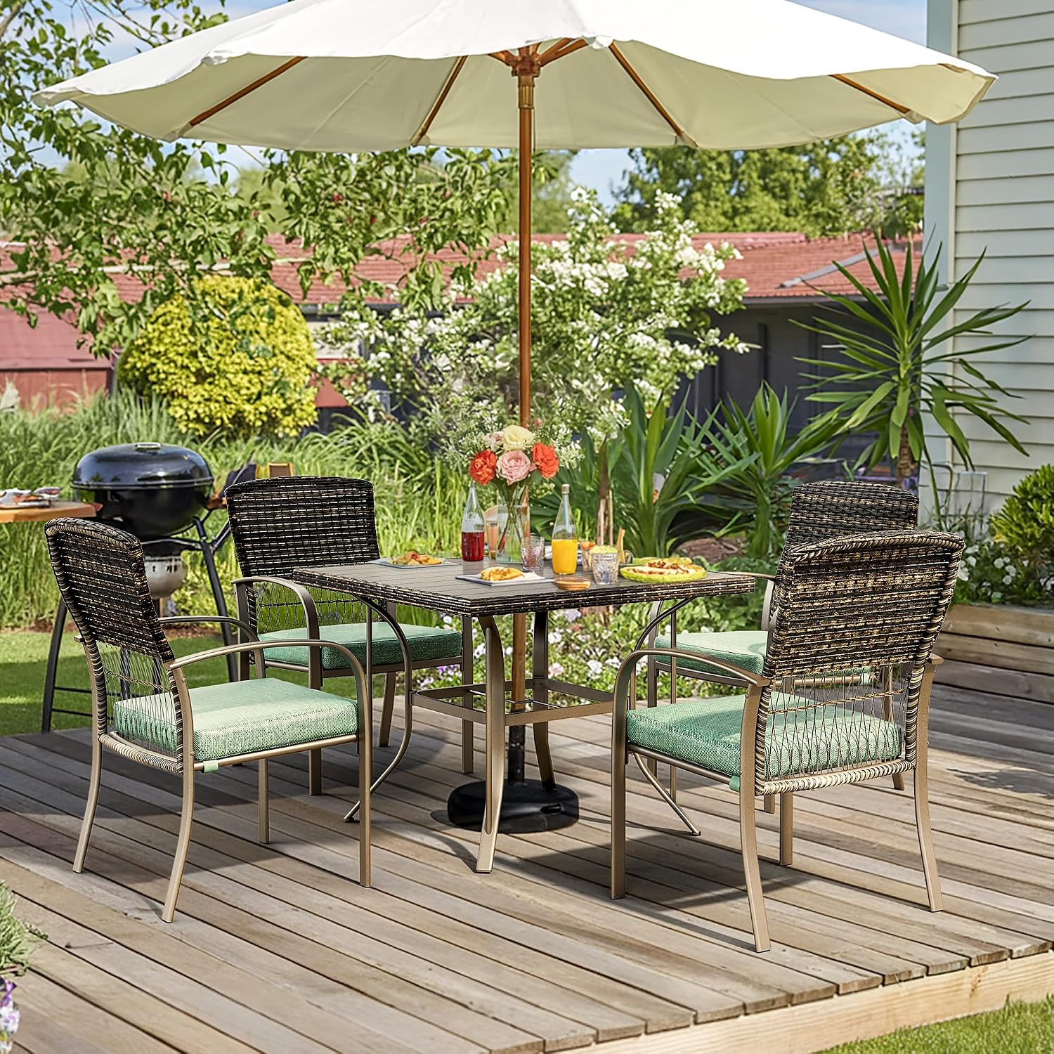 Pamapic 5 Piece Patio Dining Set, Green, Weather Resistant PE Rattan Table and Chairs, Comfortable Cushions, Easy Maintenance