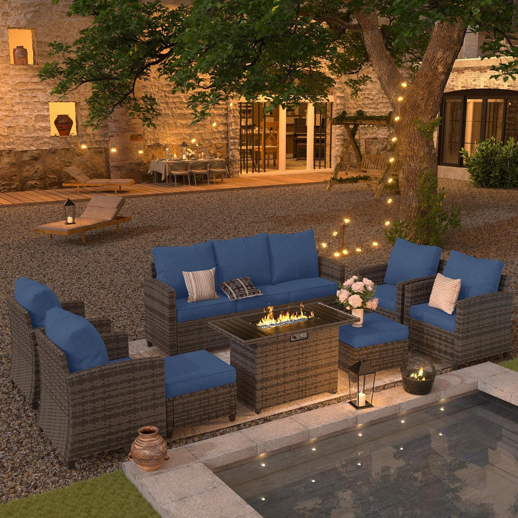 UDPATIO Outdoor Patio Furniture Set with 44' Fire Pit Table, 8 Pieces Sectional Conversation Sets, All-Weather Wicker Rattan Sofa Ottoman with 4' Thick Cushion for Garden Backyard Deck, Navy Blue