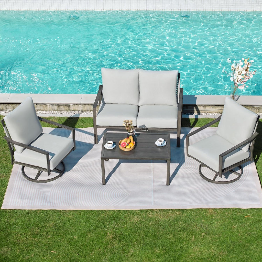 NATURAL EXPRESSIONS Patio Furniture Set,4 Piece Outdoor Conversation Metal Swivel Rocking Chairs Set with Hand-Woven Rope High Back,Sturdy Hand Brushed Wood Grain Finish Frame,6' Cushions for Yard