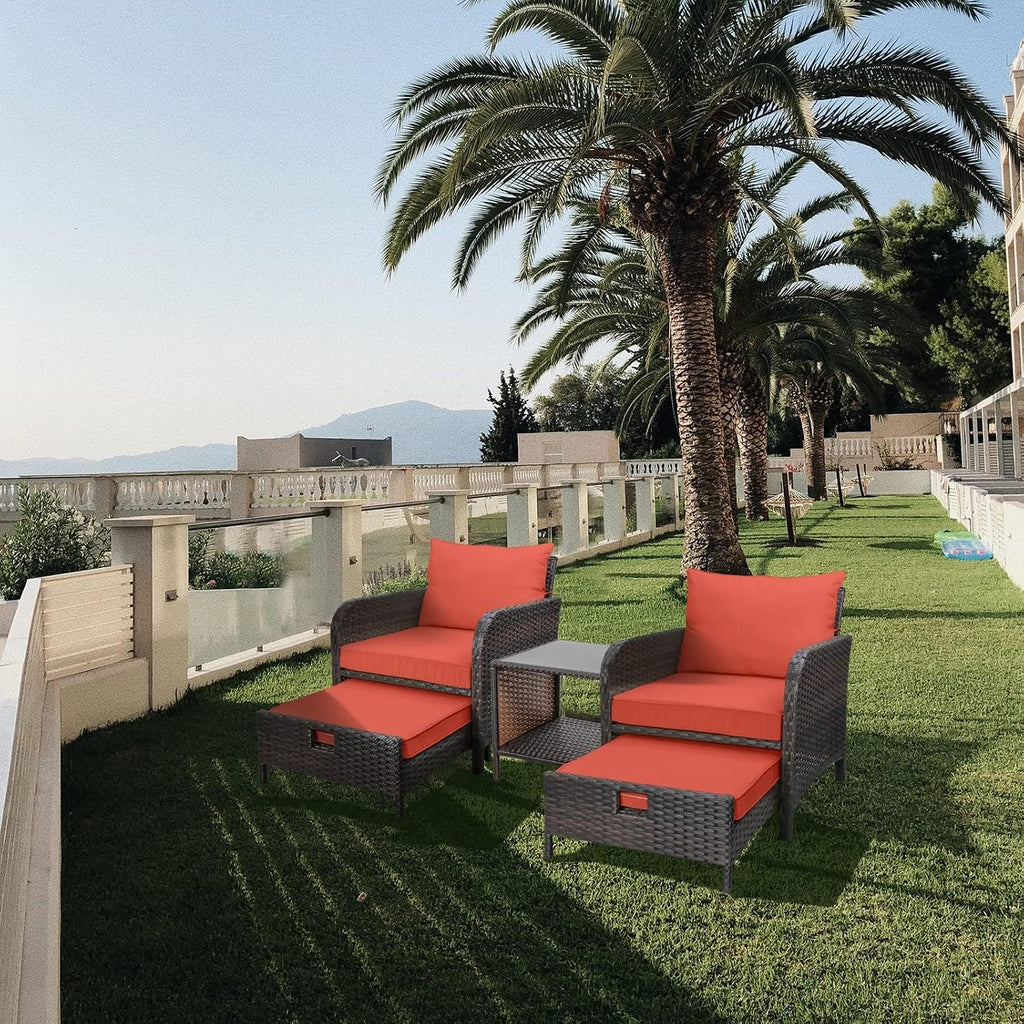 LEVELEVE Balcony Furniture 5 Piece Patio Conversation Set, PE Wicker Rattan Outdoor Lounge Chairs with Soft Cushions 2 Ottoman&Glass Table for Porch, Lawn-Brown Wicker