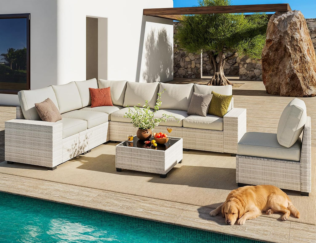 olimix 8 Piece Outdoor Patio Furniture Set, Outdoor Sectional Furniture, Rattan & Wicker Modern Modular Conversation Set Sofa Couch W/Water Resistant Washable Thick Cushions and Coffee Table, Beige