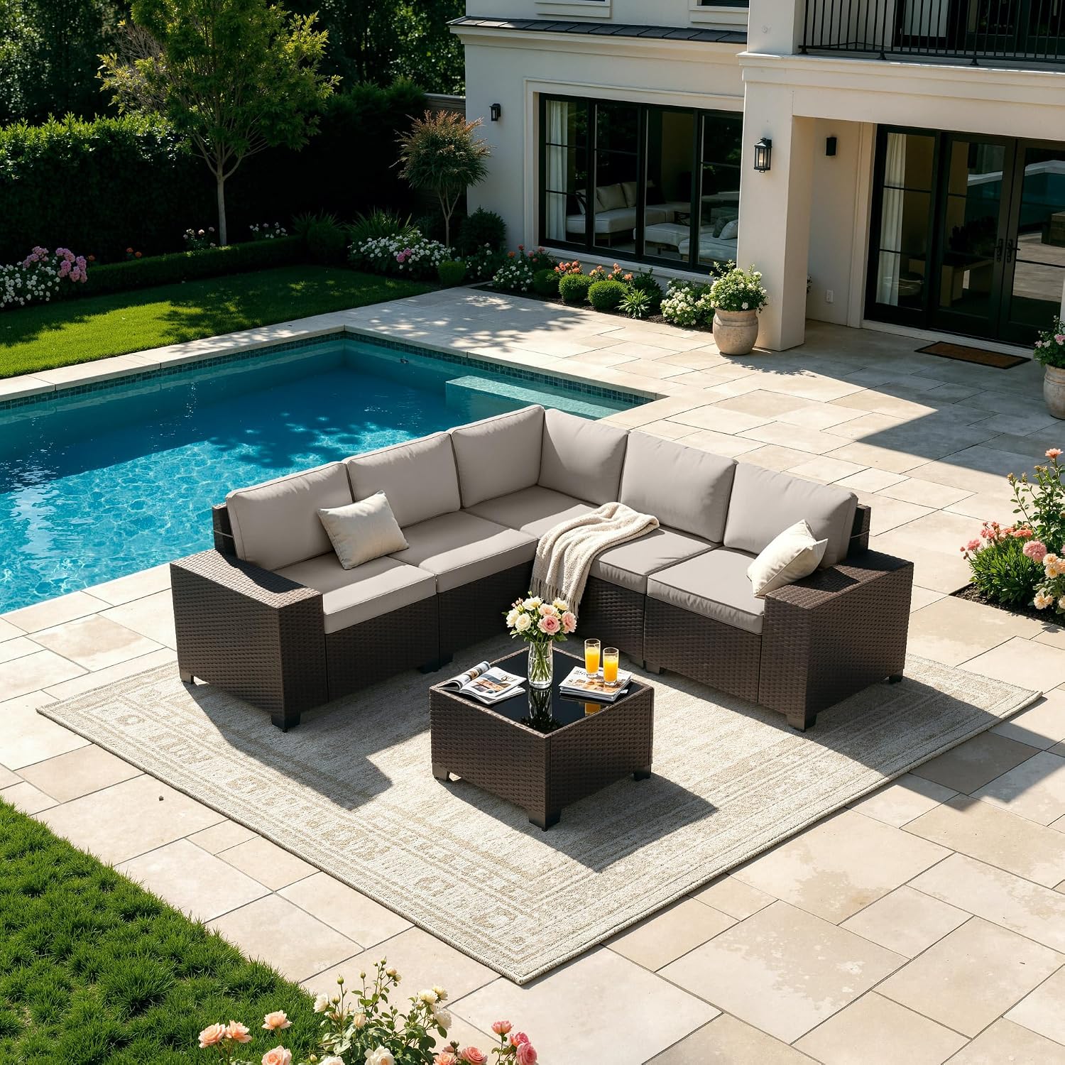 Patio Furniture Set 6 Pieces Outdoor Sectional Sofa Set,PE Rattan Wicker Patio Conversation Set with Thickened Cushions and Glass Coffee Table,Sand