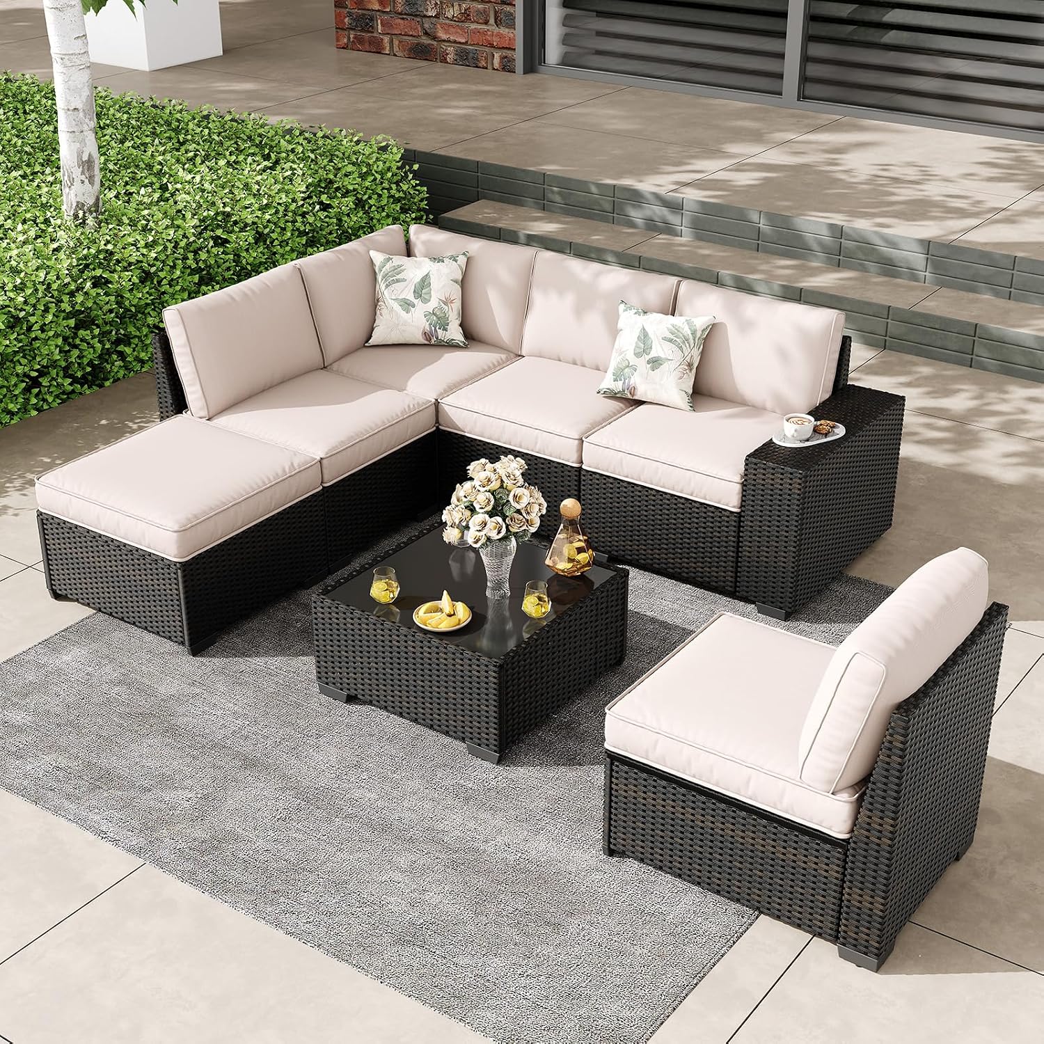 7 Pieces Outdoor Patio Furniture Set, Wicker Conversation Sets with Tea Table, Rattan Patio Sofa with Thick Cushions for Garden, Backyard Porch, Poolside,Beige