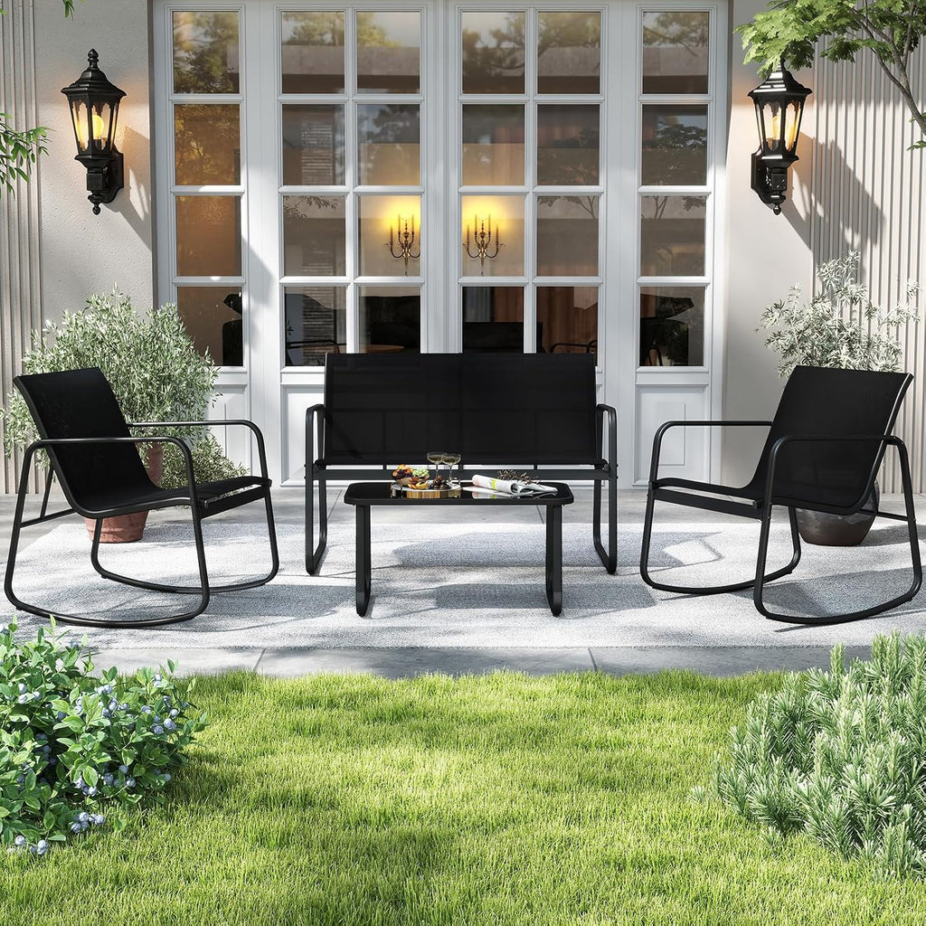 Tangkula 4 Piece Patio Furniture Set, Outdoor Rocking Bistro Set with 2 Rocking Chairs, Loveseat & Tempered Glass Coffee Table, Porch Rocker Chair Conversation Set for Balcony Poolside Garden
