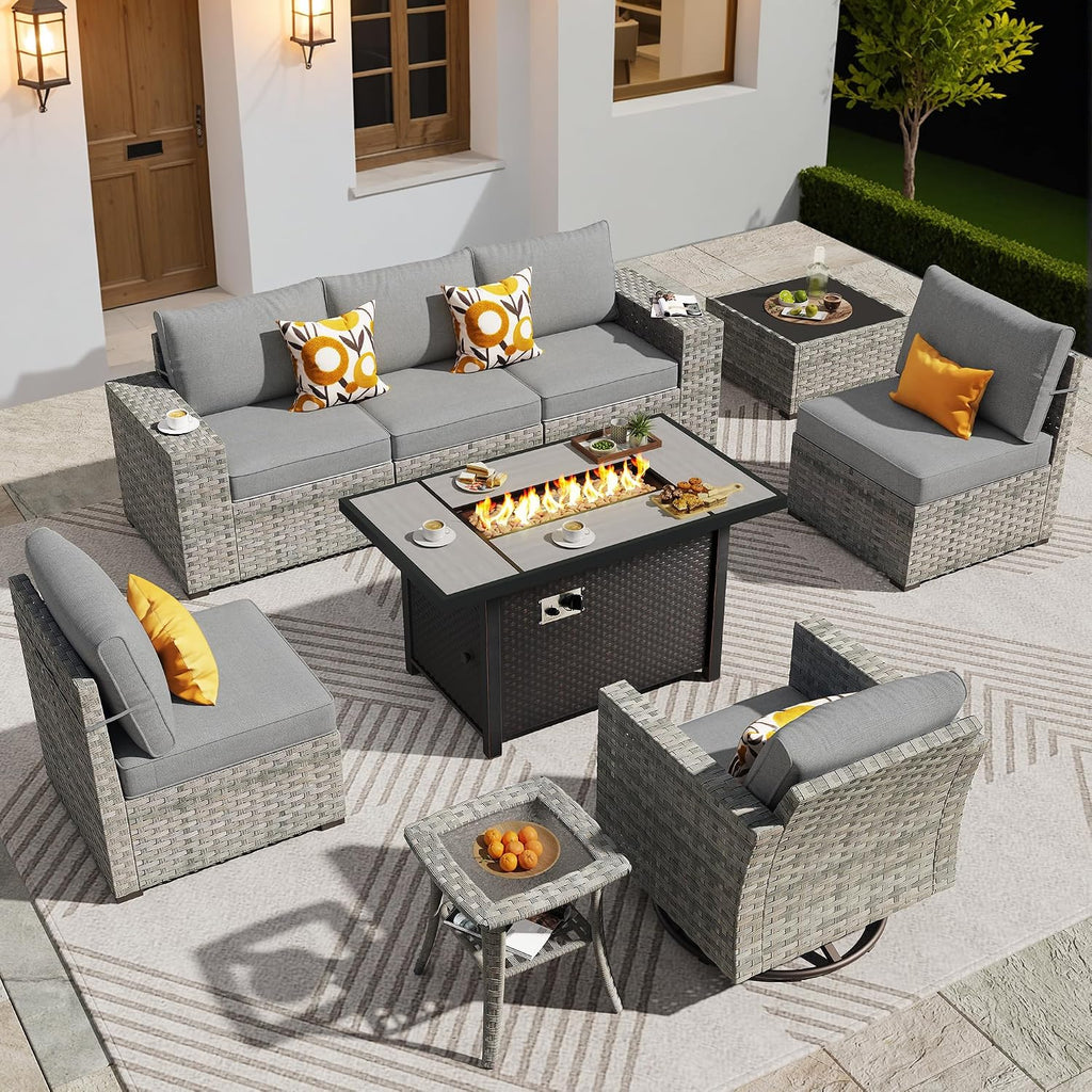 ovios 9 Pieces Patio Furniture Set, Outdoor Wicker Sectional Sofa with 42' Firepit Table Swivel Chair, Modern Modular Deep Seat Rattan Couch Conversation Sets, Dark Grey