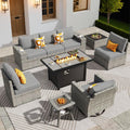 ovios 9 Pieces Patio Furniture Set, Outdoor Wicker Sectional Sofa with 42' Firepit Table Swivel Chair, Modern Modular Deep Seat Rattan Couch Conversation Sets, Dark Grey