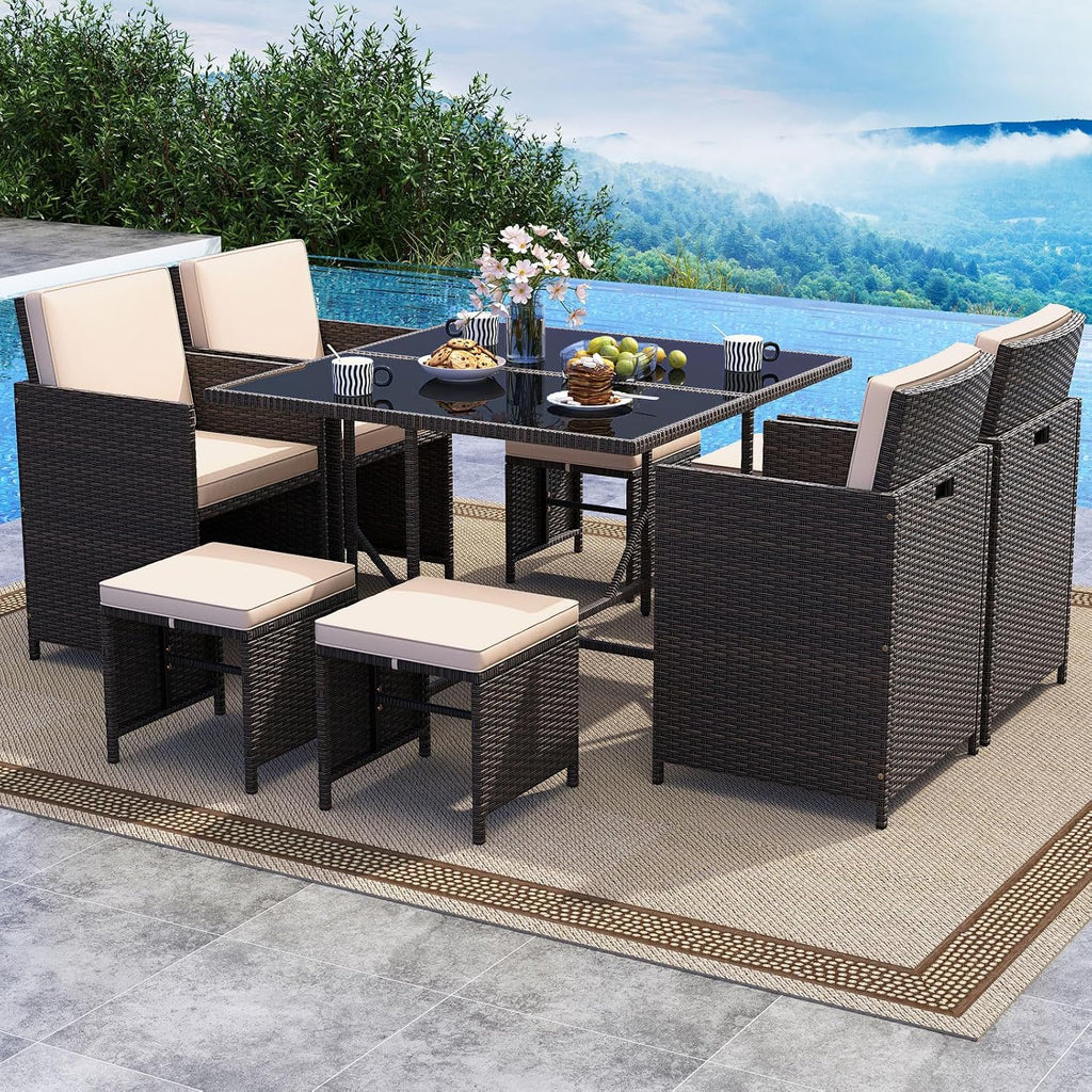 Tangkula 9 Piece Patio Dining Set, Rattan Chairs with Tempered Glass Table & Ottoman, Space Saving Wicker Sectional Conversation Set with Removable Cushions, Outdoor Furniture for Backyard Garden Deck