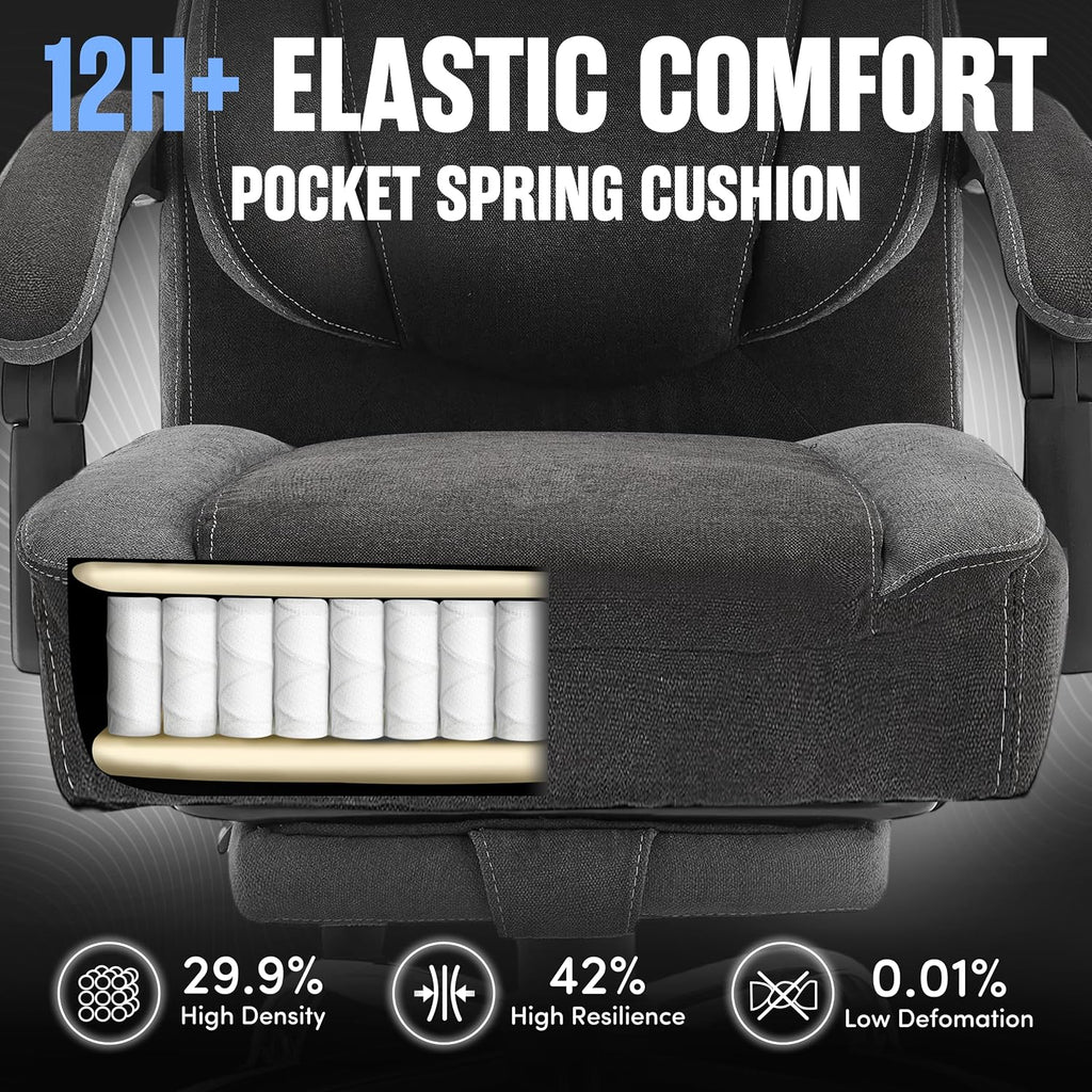 Massage Office Chair, Big and Tall Office Chair with Footrest, Ergonomic Executive Desk Chair with Extra Wide Seat, High Back&Padded Armrests, Reclining Fabric Computer Chairs, BlackGrey
