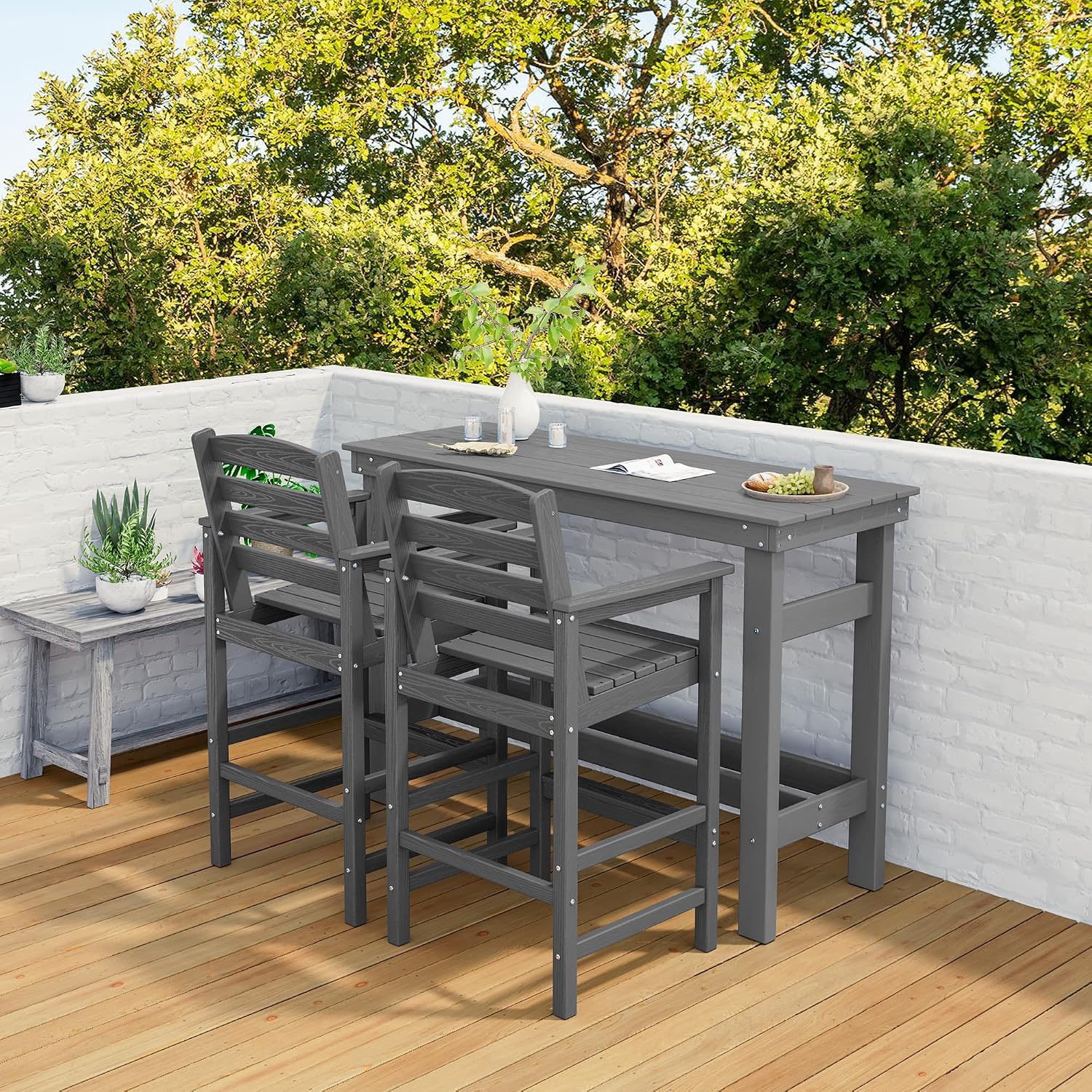 SERWALL Outdoor Bar Set - 2 Adirondack Bar Chairs & Bar Height Table with 1.6' Umbrella Hole, All-Weather HDPE Patio Furniture for Poolside, Backyard, Garden - Grey
