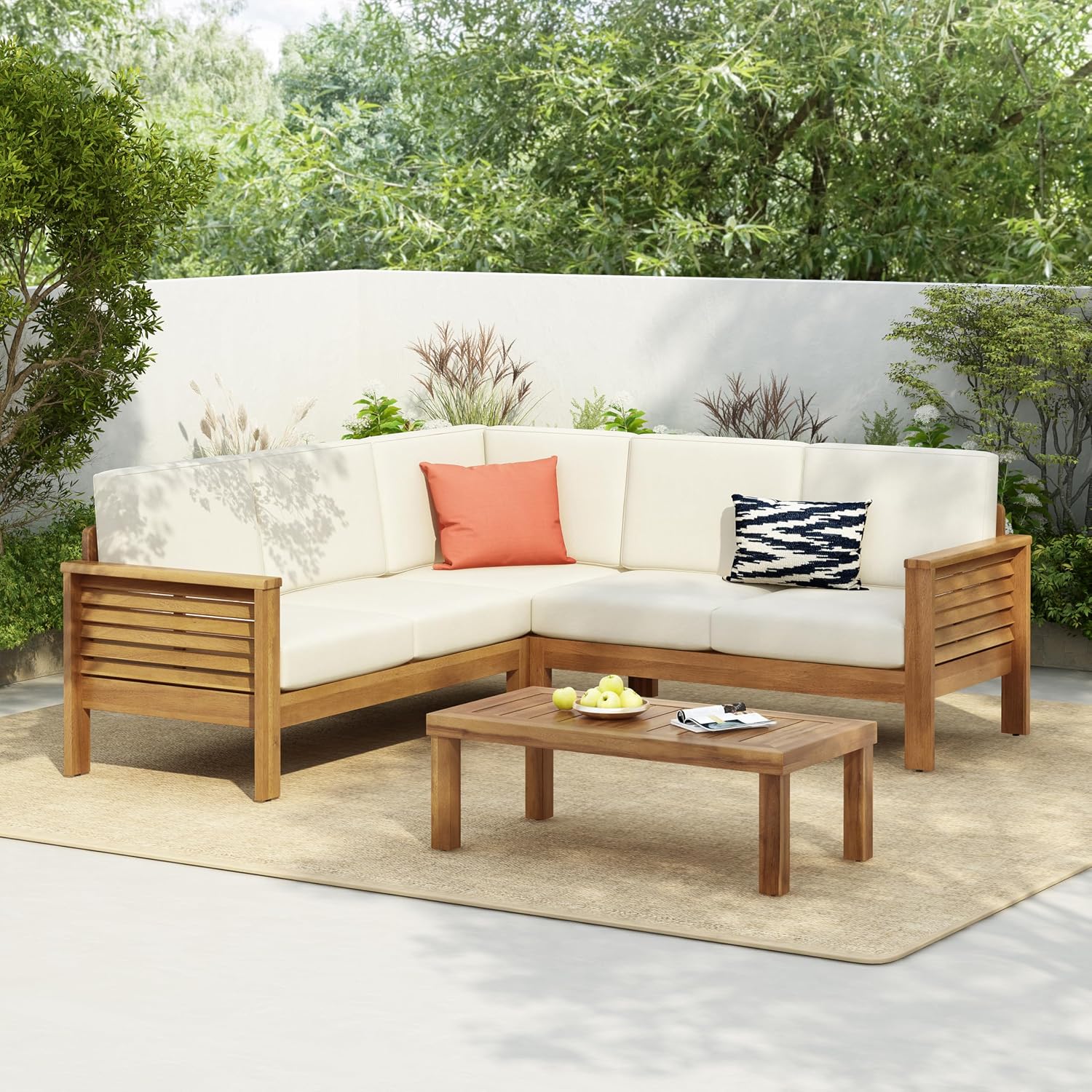 Christopher Knight Home Havets 81.25' Sectional L Shaped Sofa, 4 Pieces Acacia Wood Patio Furniture Set, Slat Coffee Table, Spacious Seat and Table Set for Backyard Garden Balcony, Teak+Beige