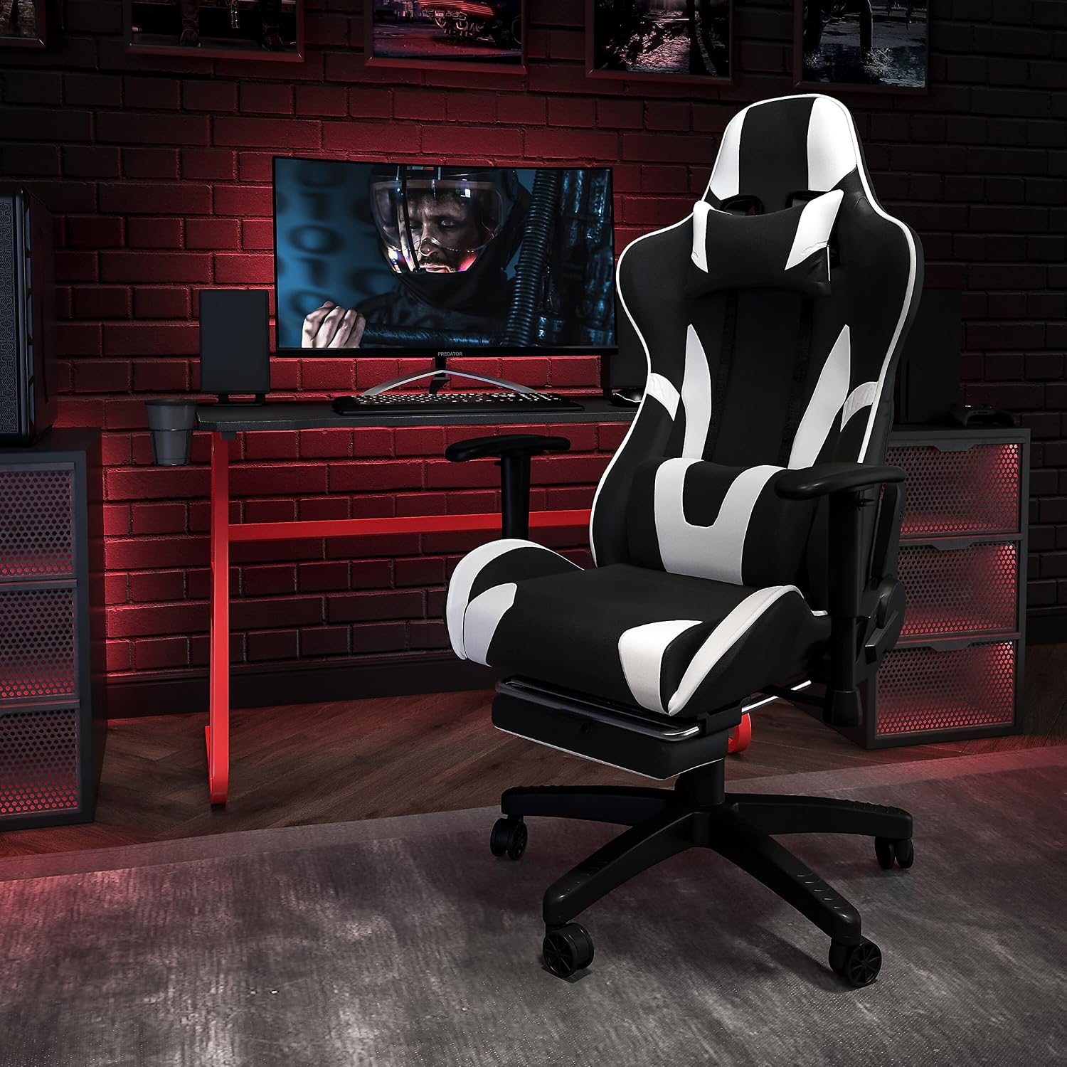 Flash Furniture Red Gaming Desk and Black Footrest Reclining Gaming Chair Set with Cup Holder and Headphone Hook
