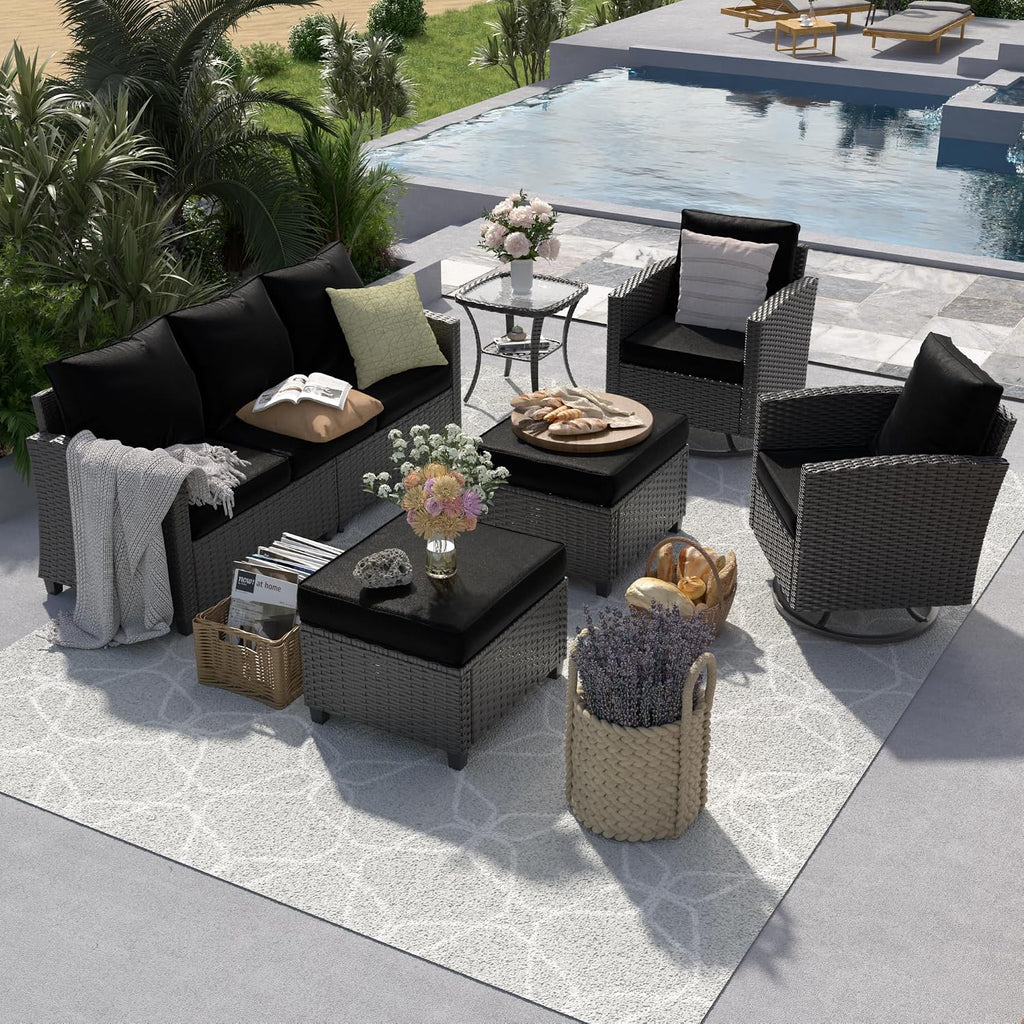 UDPATIO Patio Furniture Set, 6 Pieces Outdoor Sectional Couch with Swivel Rocking Chair, Gray Wicker Rattan Sofa with Side Table, 4' Thick Cushion for Garden Backyard Deck,Black