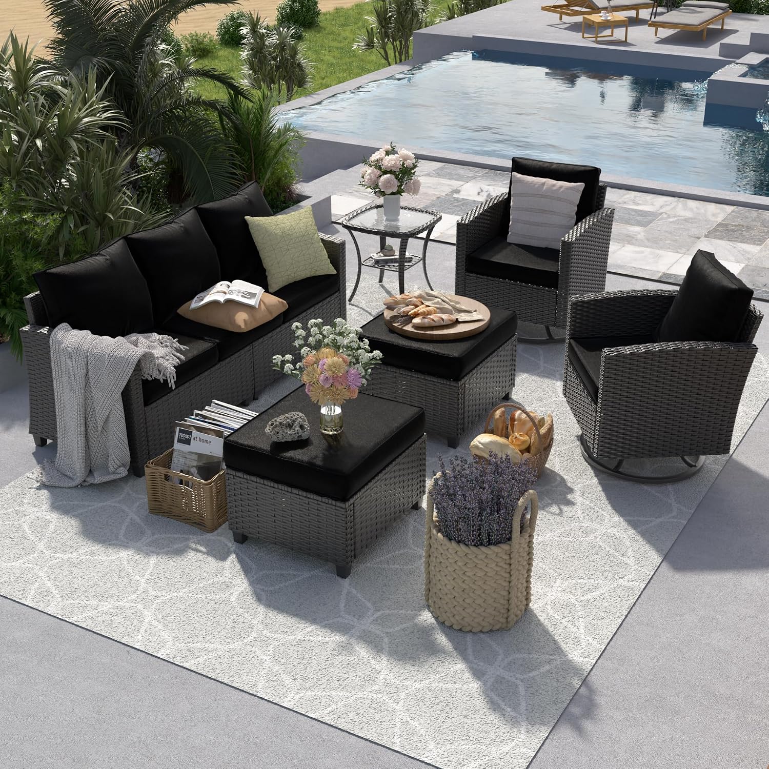 UDPATIO Patio Furniture Set, 6 Pieces Outdoor Sectional Couch with Swivel Rocking Chair, Gray Wicker Rattan Sofa with Side Table, 4' Thick Cushion for Garden Backyard Deck,Black