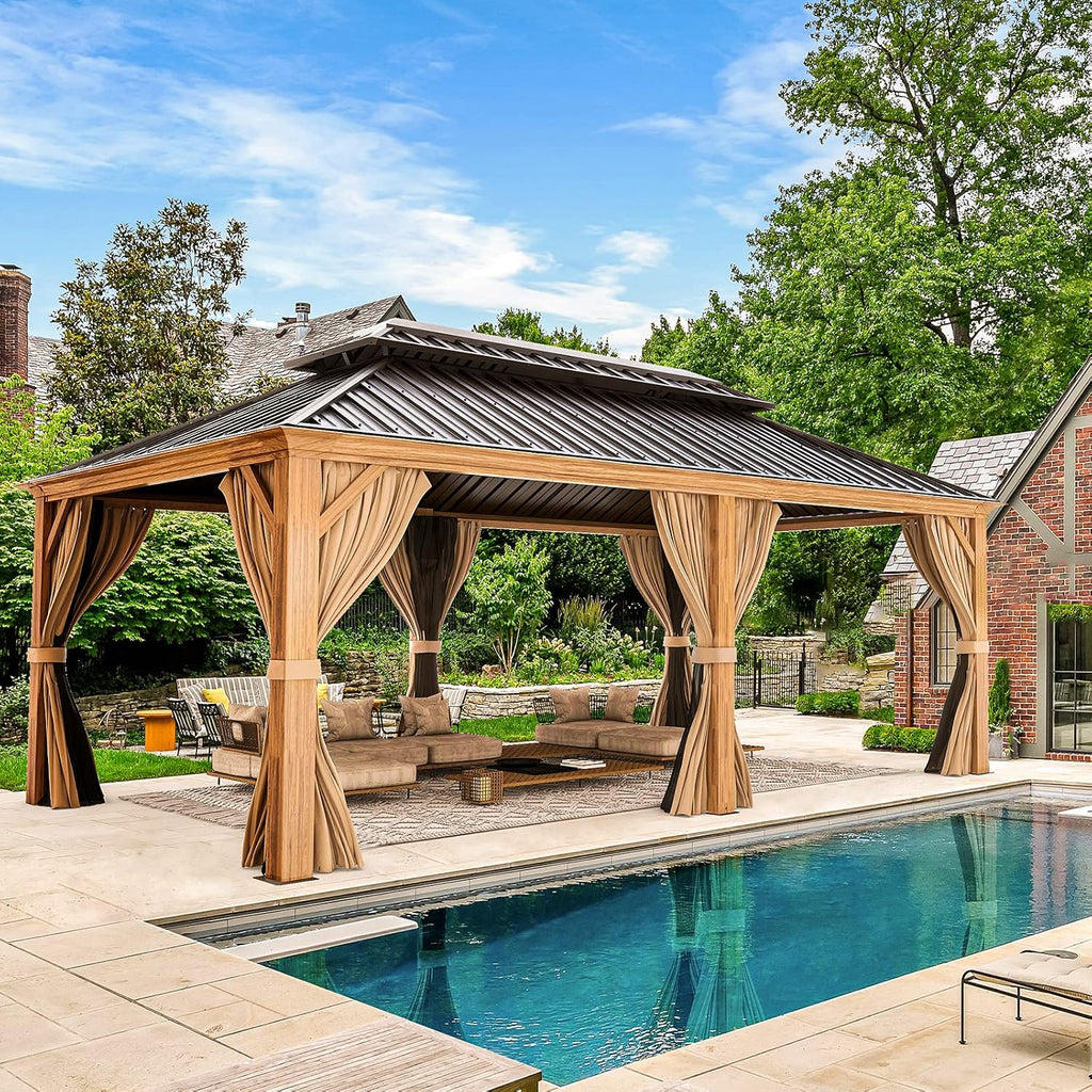 YOLENY 12' x 20' Hardtop Gazebo Wood Grain Pergola with Galvanized Steel Double Roof, Aluminum Frame, Outdoor Patio Gazebo with Netting and Curtains for Deck, Backyard, Patio and Lawns