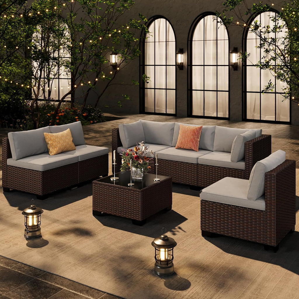 Ahomly 7-Piece Patio Furniture Set, Outdoor Sectional Couch with Water-Resistant Cushions & Coffee Table, PE Rattan Outdoor Patio Sofa Set for Backyard, Deck, Garden, or Porch, Grey