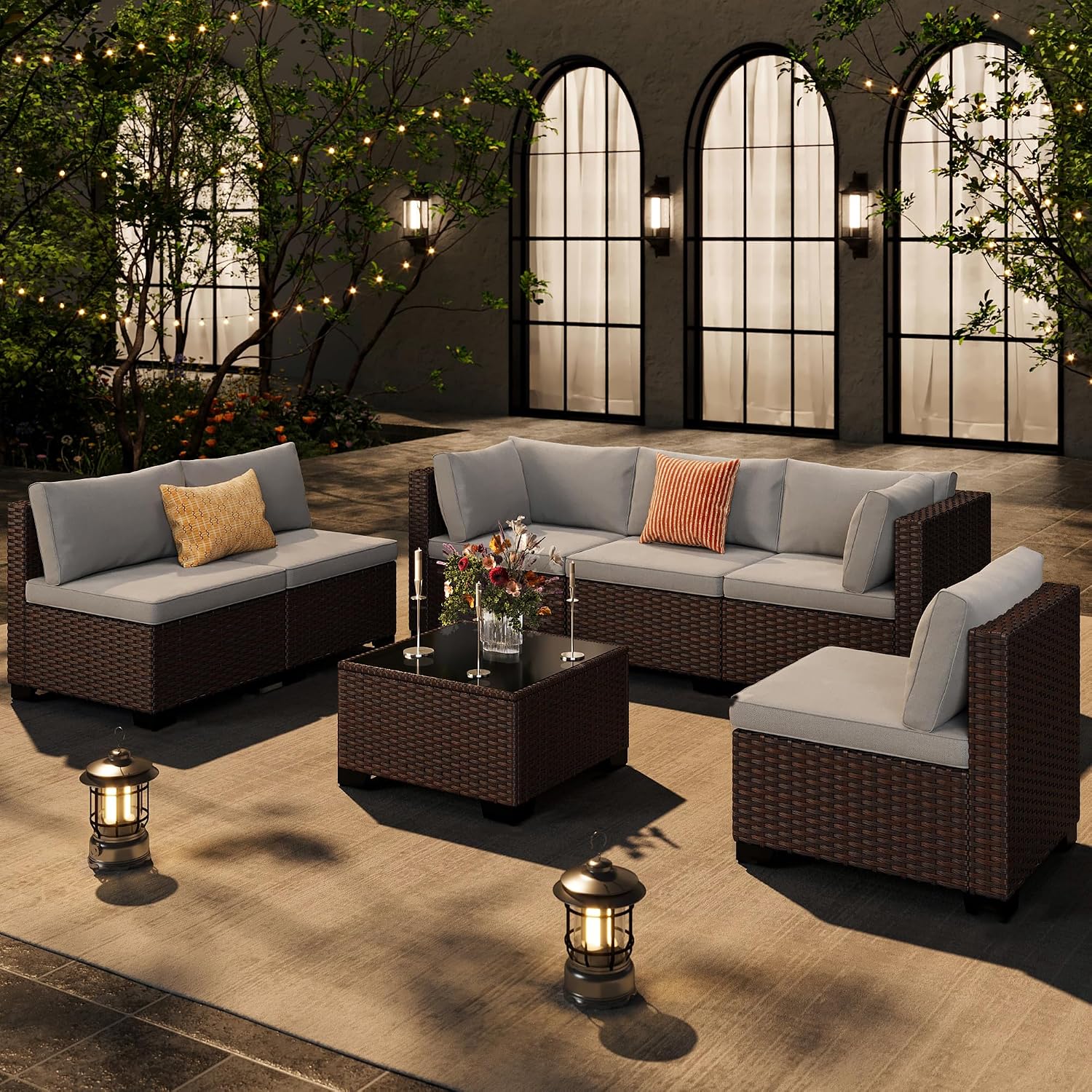 Ahomly 7-Piece Patio Furniture Set, Outdoor Sectional Couch with Water-Resistant Cushions & Coffee Table, PE Rattan Outdoor Patio Sofa Set for Backyard, Deck, Garden, or Porch, Grey