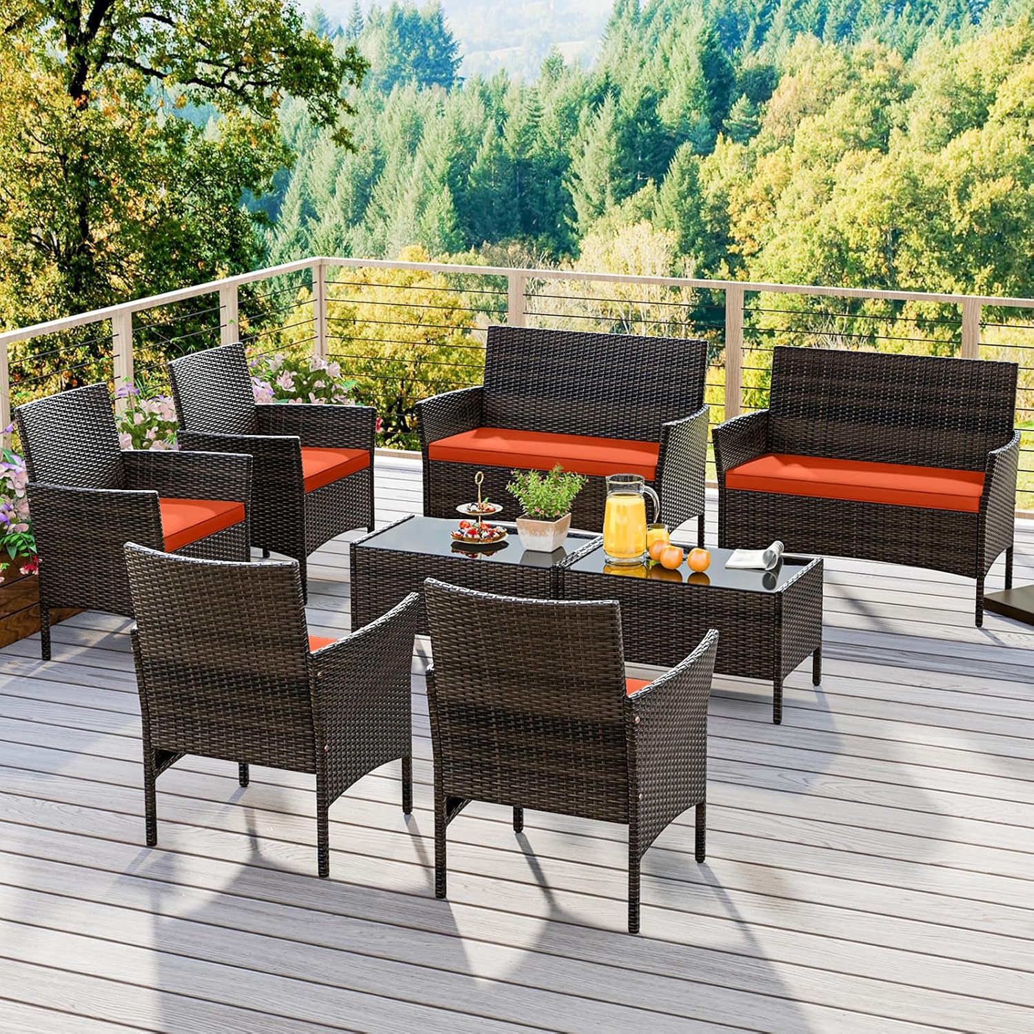 KOTEK 8 Piece Patio Furniture Set, Outdoor Rattan Conversation Set with Loveseat, Wicker Chairs, Tempered Glass Coffee Table, Wicker Patio Set for Backyard, Porch (Orange)