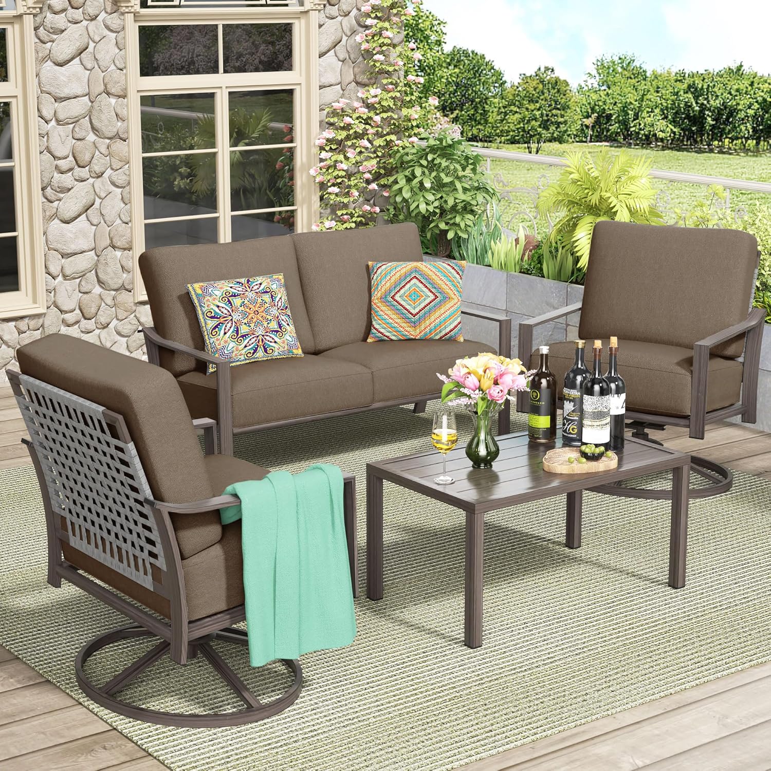 NATURAL EXPRESSIONS Patio Furniture Set,4 Piece Outdoor Conversation Metal Swivel Rocking Chairs Set with Hand-Woven Rope High Back,Sturdy Hand Brushed Wood Grain Finish Frame,6' Cushions for Yard