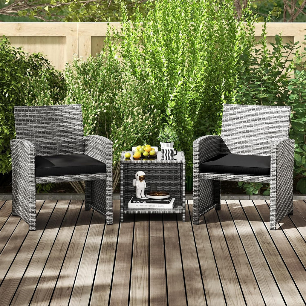 Tangkula 3 Pieces Patio Furniture Set, PE Rattan Outdoor Chairs with Tempered Glass Coffee Table & Soft Seat Cushions, Patio Bistro Set, Outdoor Conversation Set for Porch, Backyard Poolside (Black)