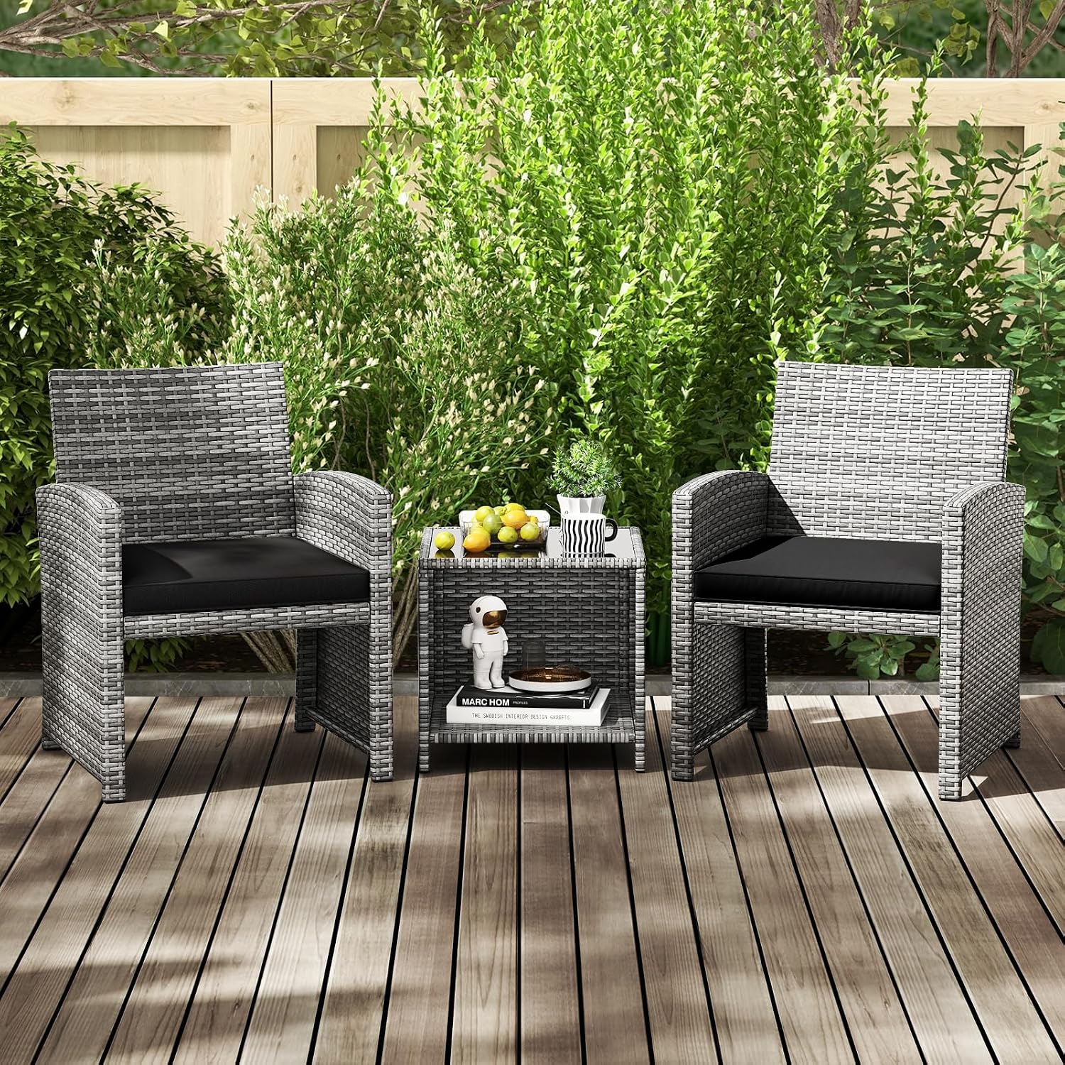 Tangkula 3 Pieces Patio Furniture Set, PE Rattan Outdoor Chairs with Tempered Glass Coffee Table & Soft Seat Cushions, Patio Bistro Set, Outdoor Conversation Set for Porch, Backyard Poolside (Black)