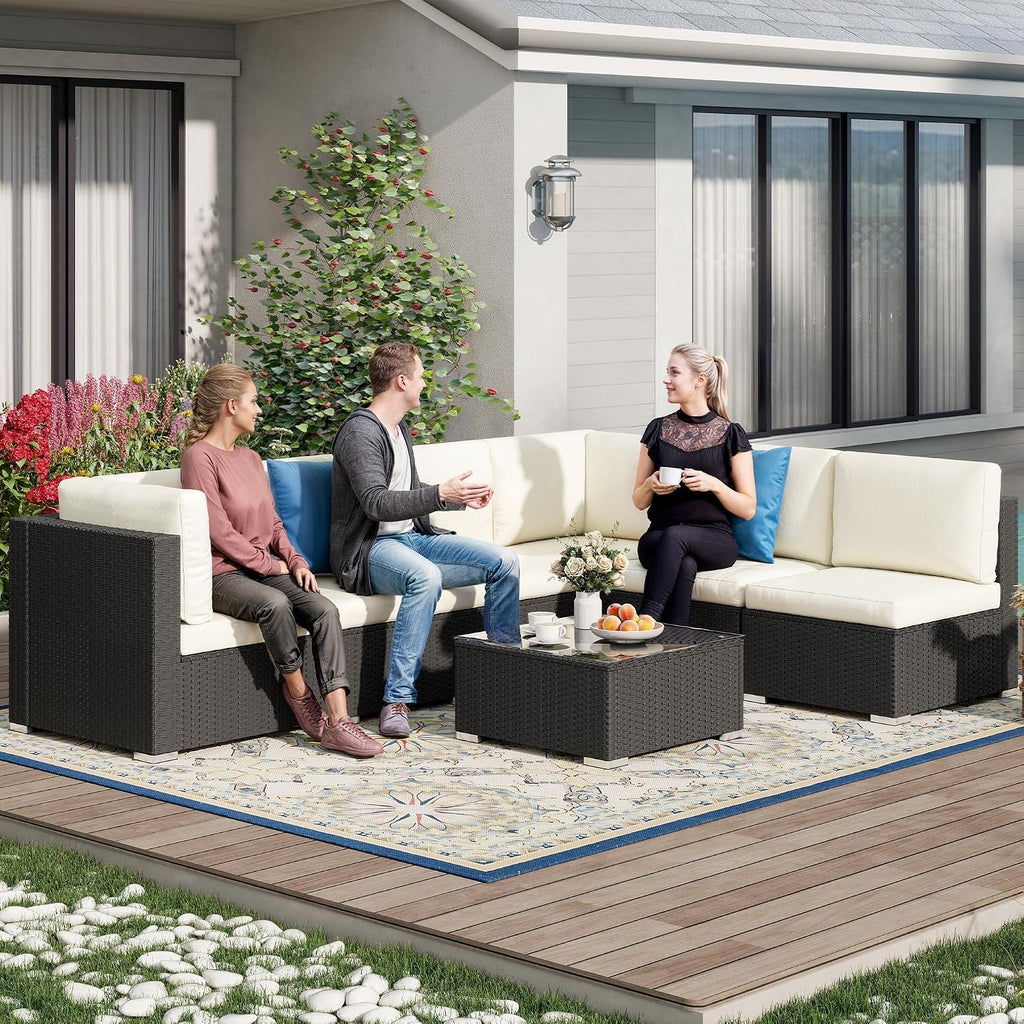 YITAHOME 7 Pieces Outdoor Patio Furniture Set, Sectional Sofa PE Rattan Wicker Conversation Set Outside Couch w/Table and Cushions for Porch Lawn Garden Backyard, Black