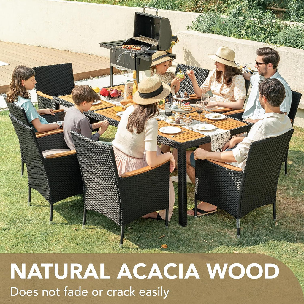 Devoko Outdoor Patio Dining Sets 9 Pieces Wicker Outdoor Dining Table and Chairs Set with Acacia Wood Table Top and Widened Armrests for Backyard, Garden, Deck (Black)