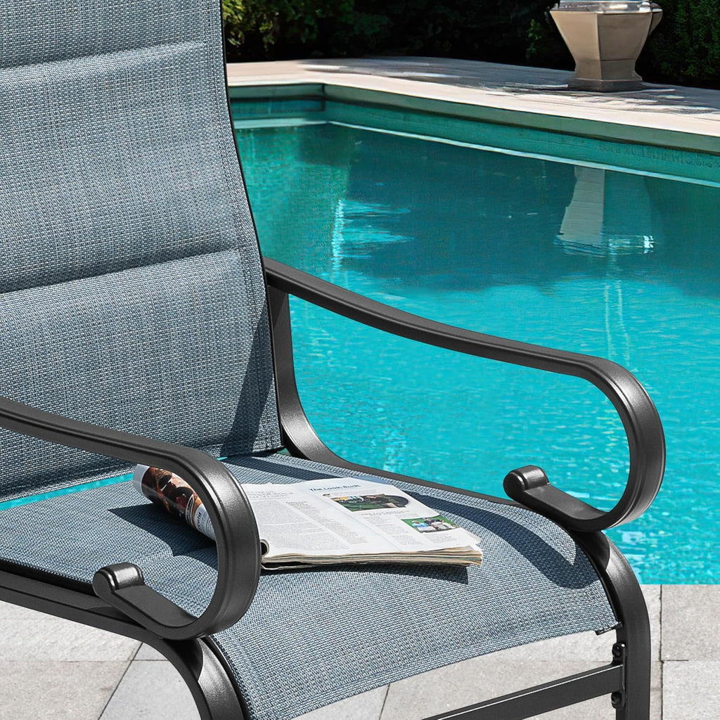 NUU GARDEN Set of 2 Padded Textilene Patio Dining Chairs C Spring Outdoor Chairs with Curved Armrests Powder Coated Metal Frame Patio Furniture for Garden Backyard Poolside Lawn Blue and Black