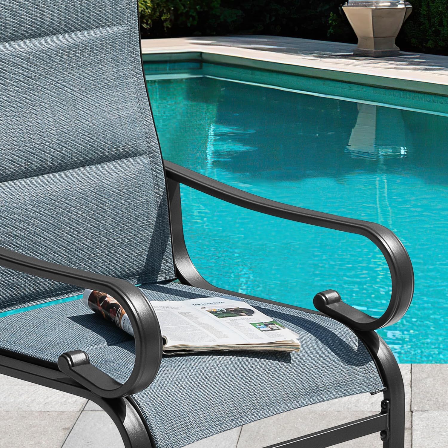 NUU GARDEN Set of 2 Padded Textilene Patio Dining Chairs C Spring Outdoor Chairs with Curved Armrests Powder Coated Metal Frame Patio Furniture for Garden Backyard Poolside Lawn Blue and Black
