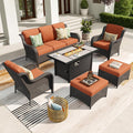 ovios 6-Pieces Patio Furniture Set with 42' Fire Pit Table, Outdoor Wicker Sofa Couch Ottomans Comfy Cushions, High Back Modern Conversation Set, Brown Rattan, Orange Red