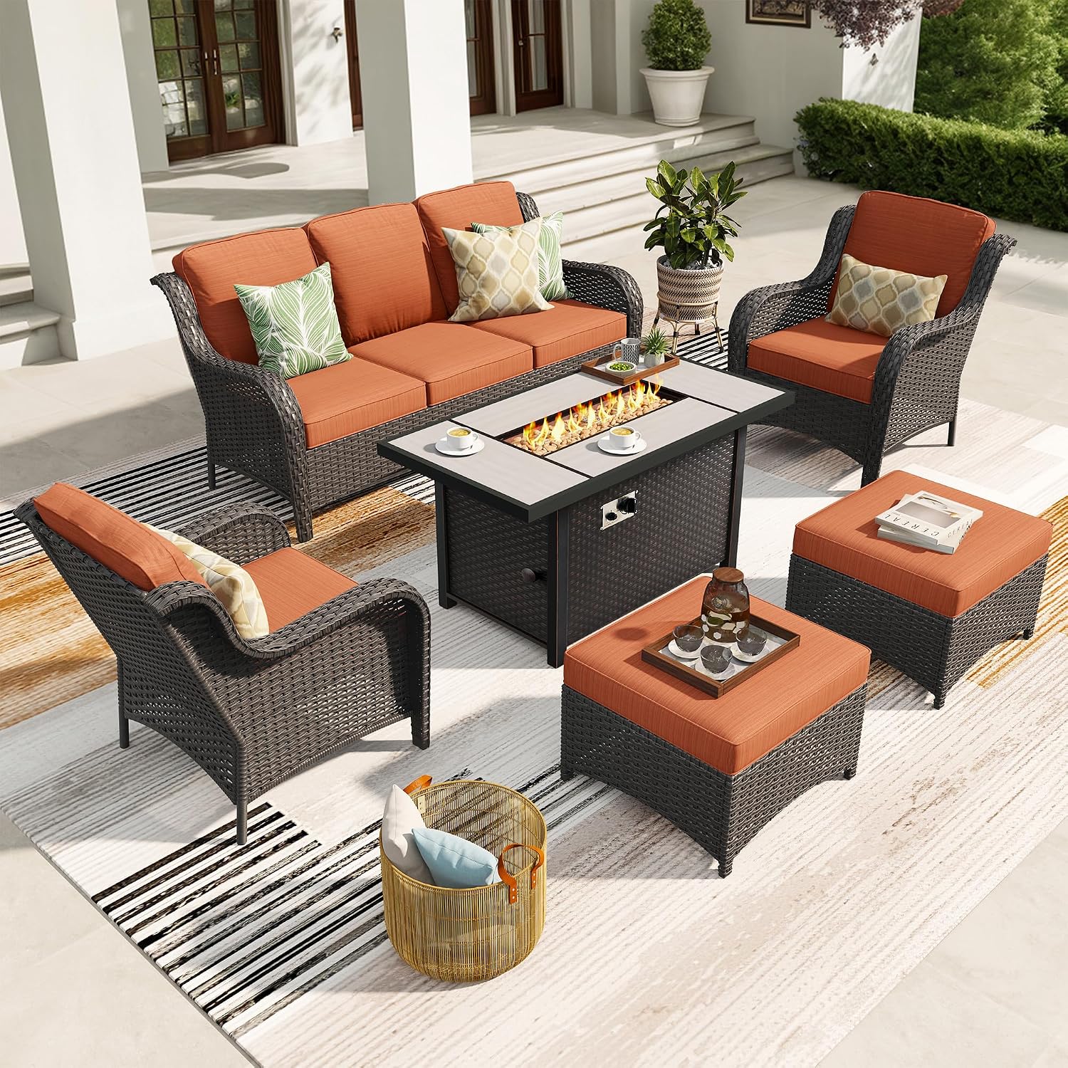 ovios 6-Pieces Patio Furniture Set with 42' Fire Pit Table, Outdoor Wicker Sofa Couch Ottomans Comfy Cushions, High Back Modern Conversation Set, Brown Rattan, Orange Red