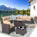 Patio Furniture Set with Fire Pit Table 8 Pieces Outdoor Sectional Sofa Set,PE Rattan Wicker Patio Conversation Set w/43in 55000 BTU Propane Fire Pit Table,Sand
