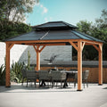 Modern Shade Wood Gazebo 11' x 13', Cedar Framed Wooden Gazebo with Double Galvanized Steel Roof, Hardtop Pavilion with Sturdy Hooks for Garden, Backyard Patio and Deck