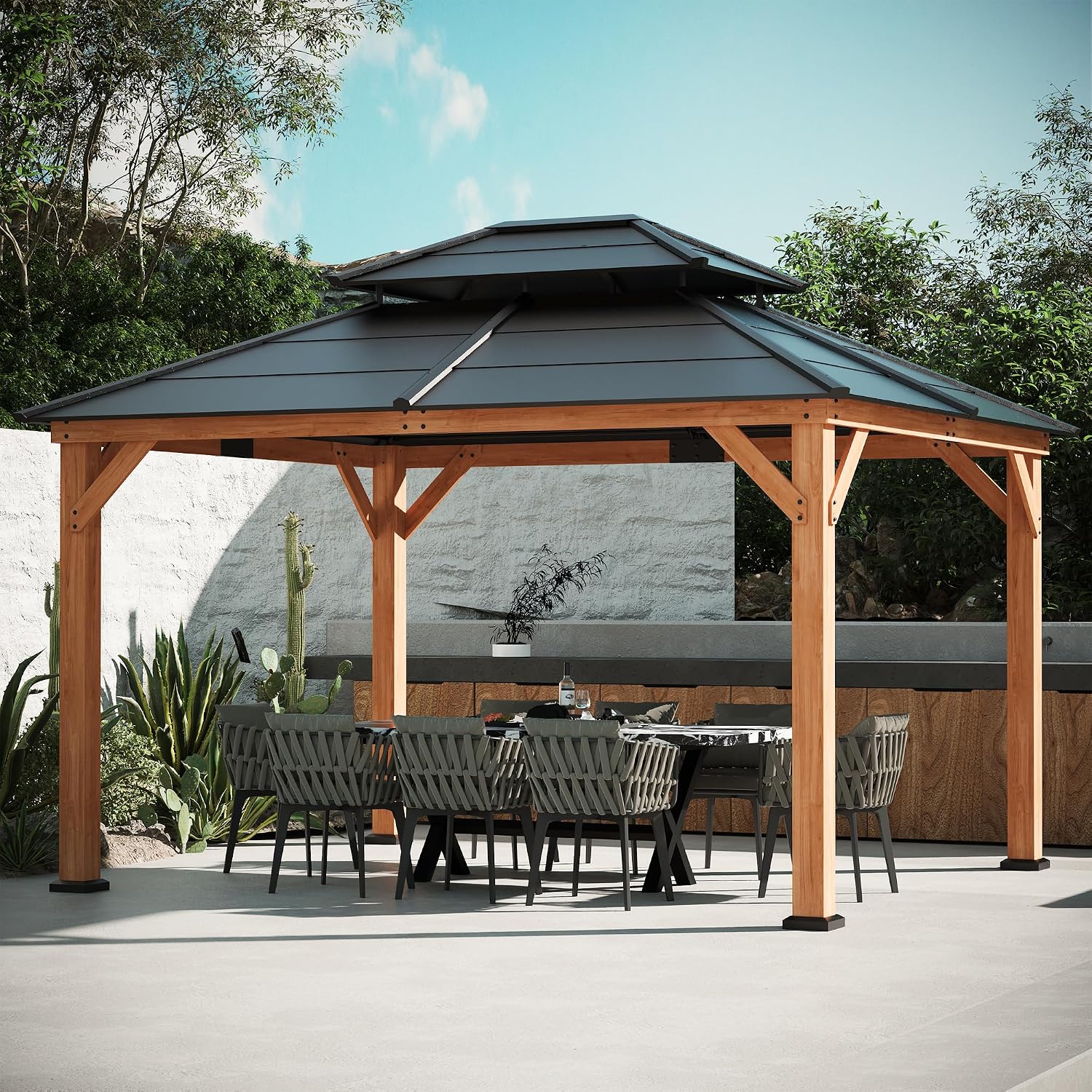 Modern Shade Wood Gazebo 11' x 13', Cedar Framed Wooden Gazebo with Double Galvanized Steel Roof, Hardtop Pavilion with Sturdy Hooks for Garden, Backyard Patio and Deck