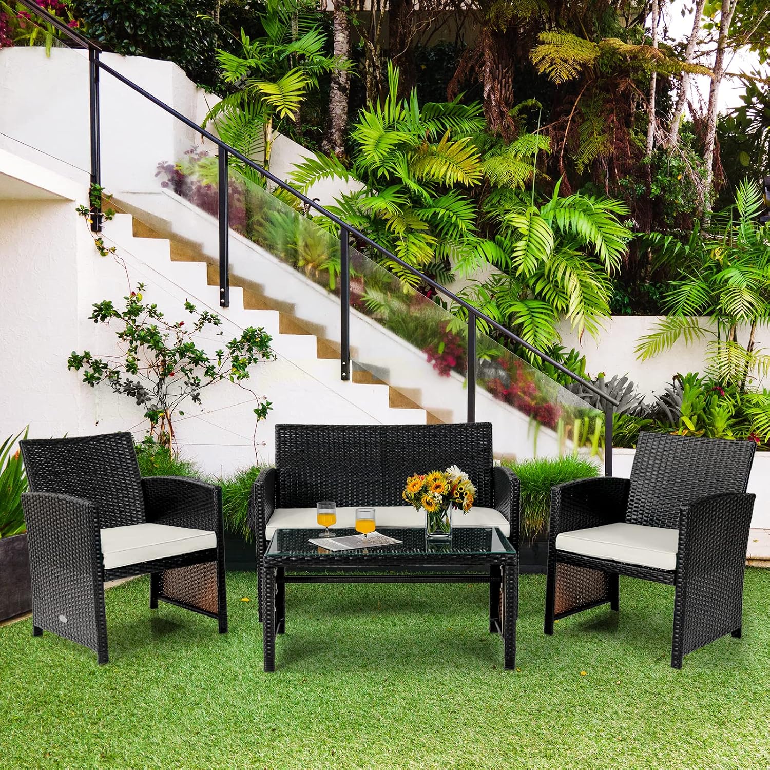 COSTWAY 4 Piece Patio Furniture Set, Outdoor PE Rattan Wicker Sectional Sofa with Cushion and Coffee Table, Patio Conversation Sets for Balcony Lawn Porch Patio Backyard Garden Poolside, White