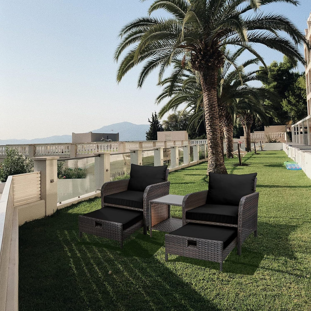 LEVELEVE Balcony Furniture 5 Piece Patio Conversation Set, PE Wicker Rattan Outdoor Lounge Chairs with Soft Cushions 2 Ottoman&Glass Table for Porch, Lawn-Brown Wicker（Black