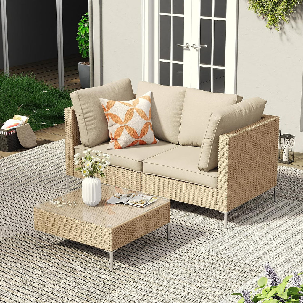VICLLAX 3 Pieces Wicker Patio Furniture Set, Outdoor Conversation Set of 2 Armless Wicker Sofas with Cushions and Glass-top Tea Table for Deck, Backyard, Garden, Oak Rattan