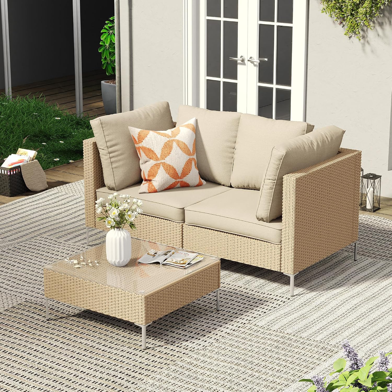 VICLLAX 3 Pieces Wicker Patio Furniture Set, Outdoor Conversation Set of 2 Armless Wicker Sofas with Cushions and Glass-top Tea Table for Deck, Backyard, Garden, Oak Rattan